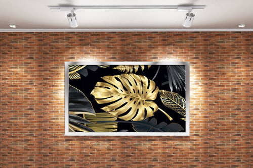 a luxurious pattern of metallic gold and black tropical leaves on a black background, flower motif, art, kanvas tablo