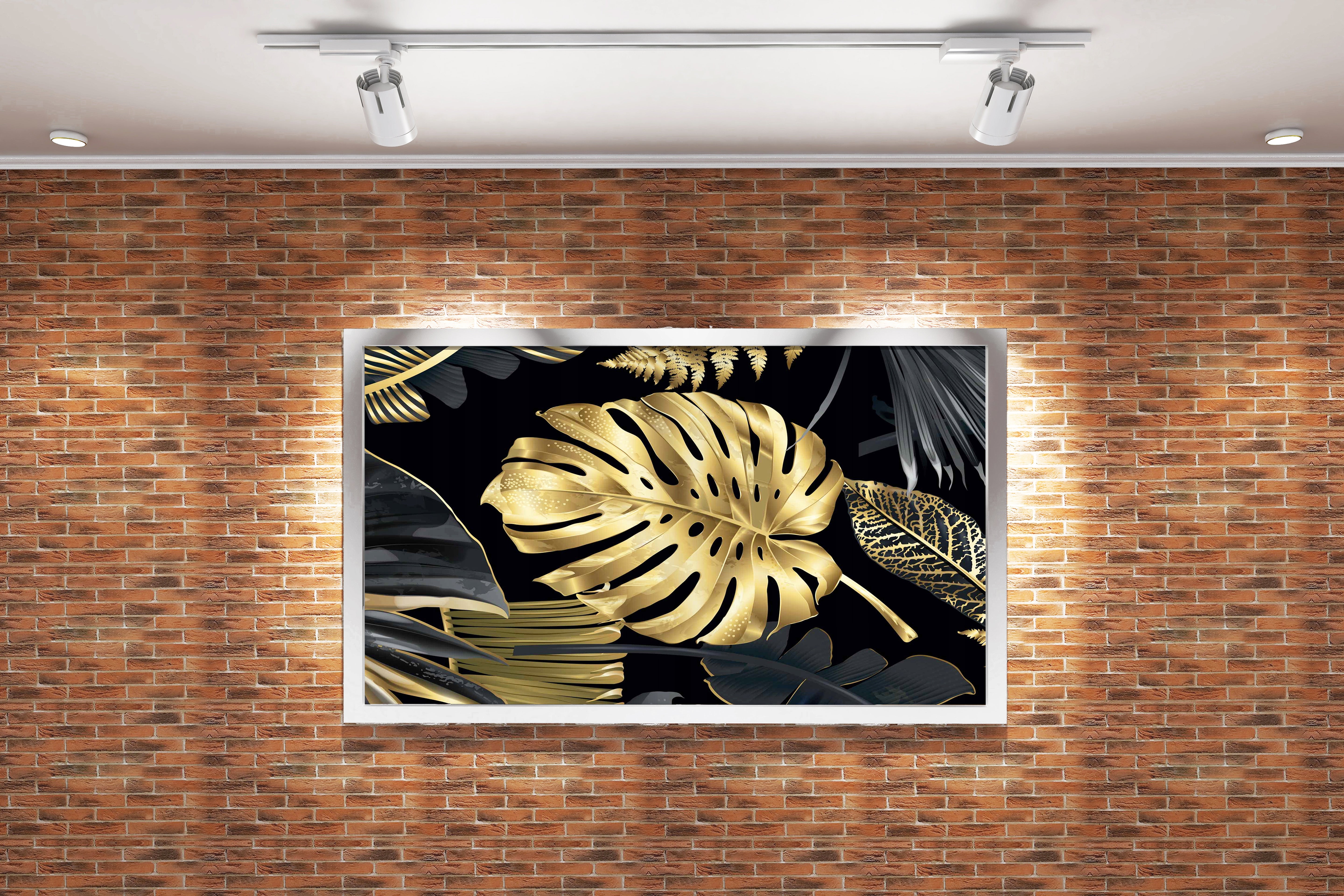 a luxurious pattern of metallic gold and black tropical leaves on a black background, flower motif, art, kanvas tablo