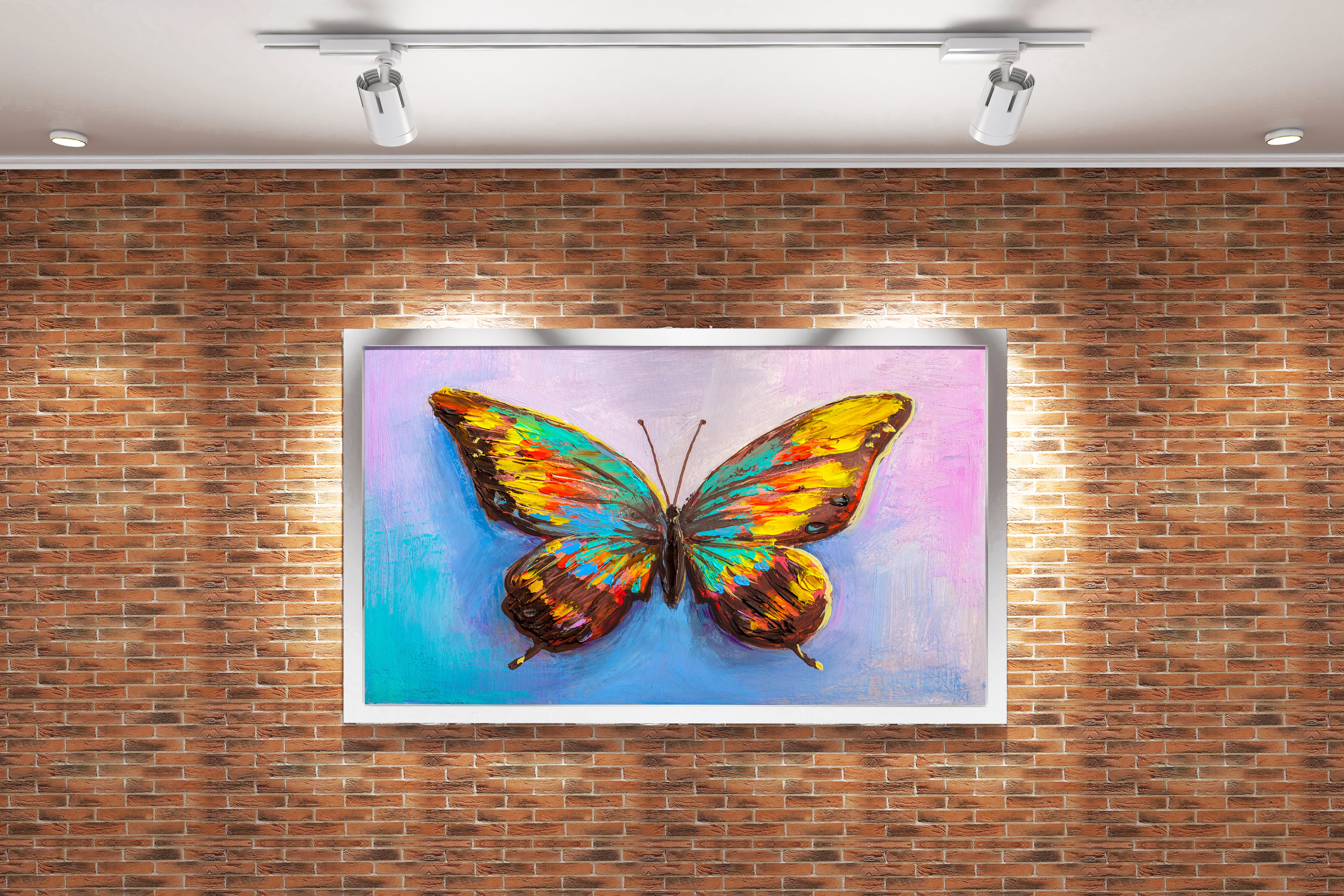 a vibrant, textured palette knife painting of a single colorful butterfly, flower motif, art, kanvas tablo