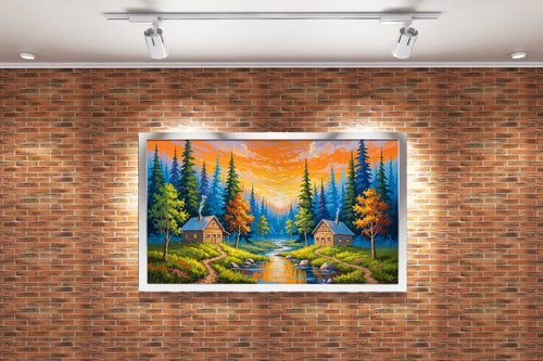 two huts forest view at sunset model 1, view, art, kanvas tablo