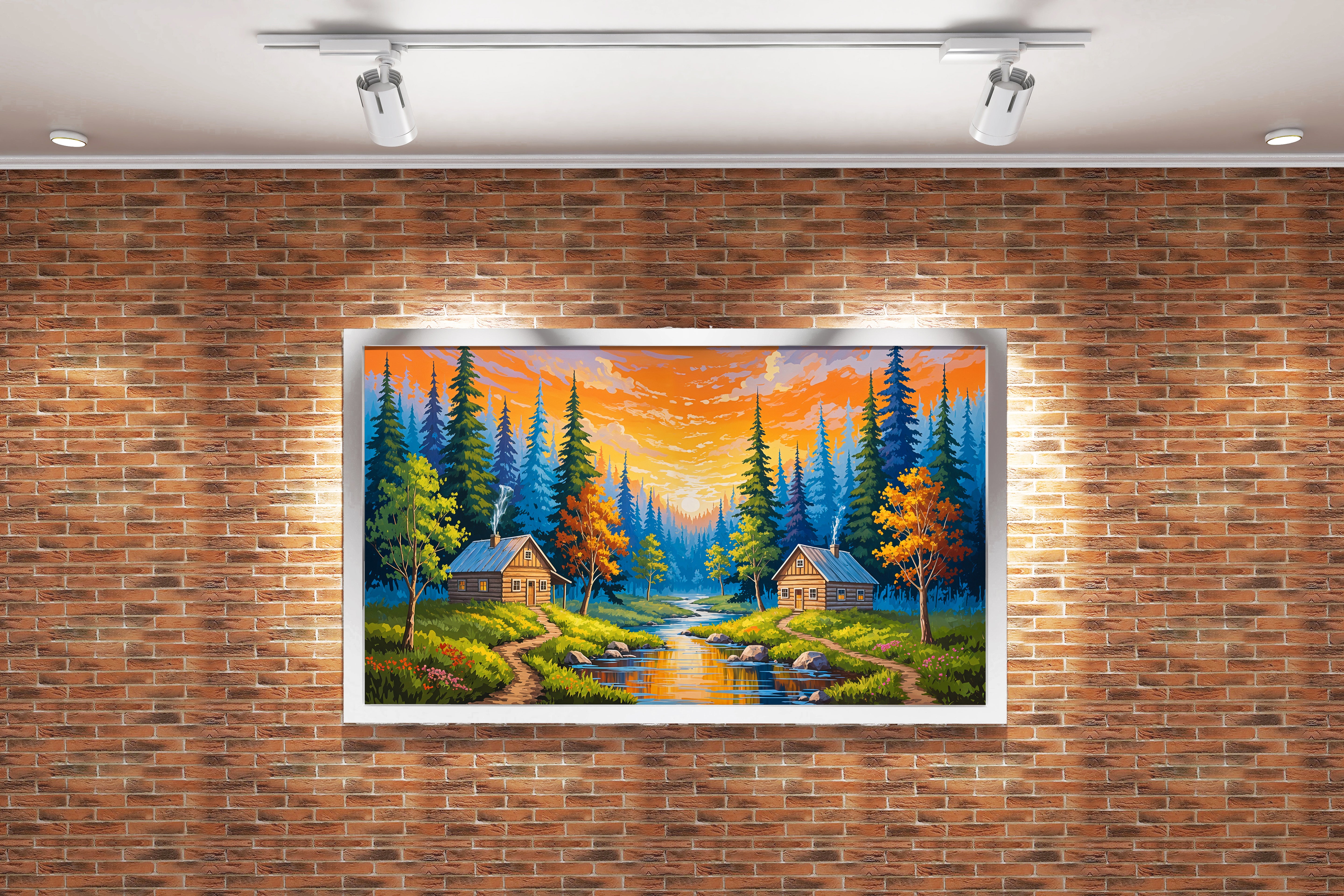 two huts forest view at sunset model 1, view, art, kanvas tablo