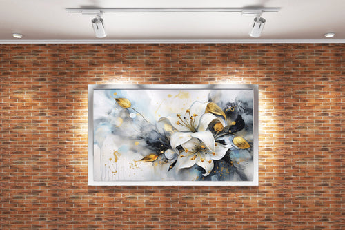a luxurious watercolor of white lilies and golden leaves with gold splatters, flower motif, art, kanvas tablo