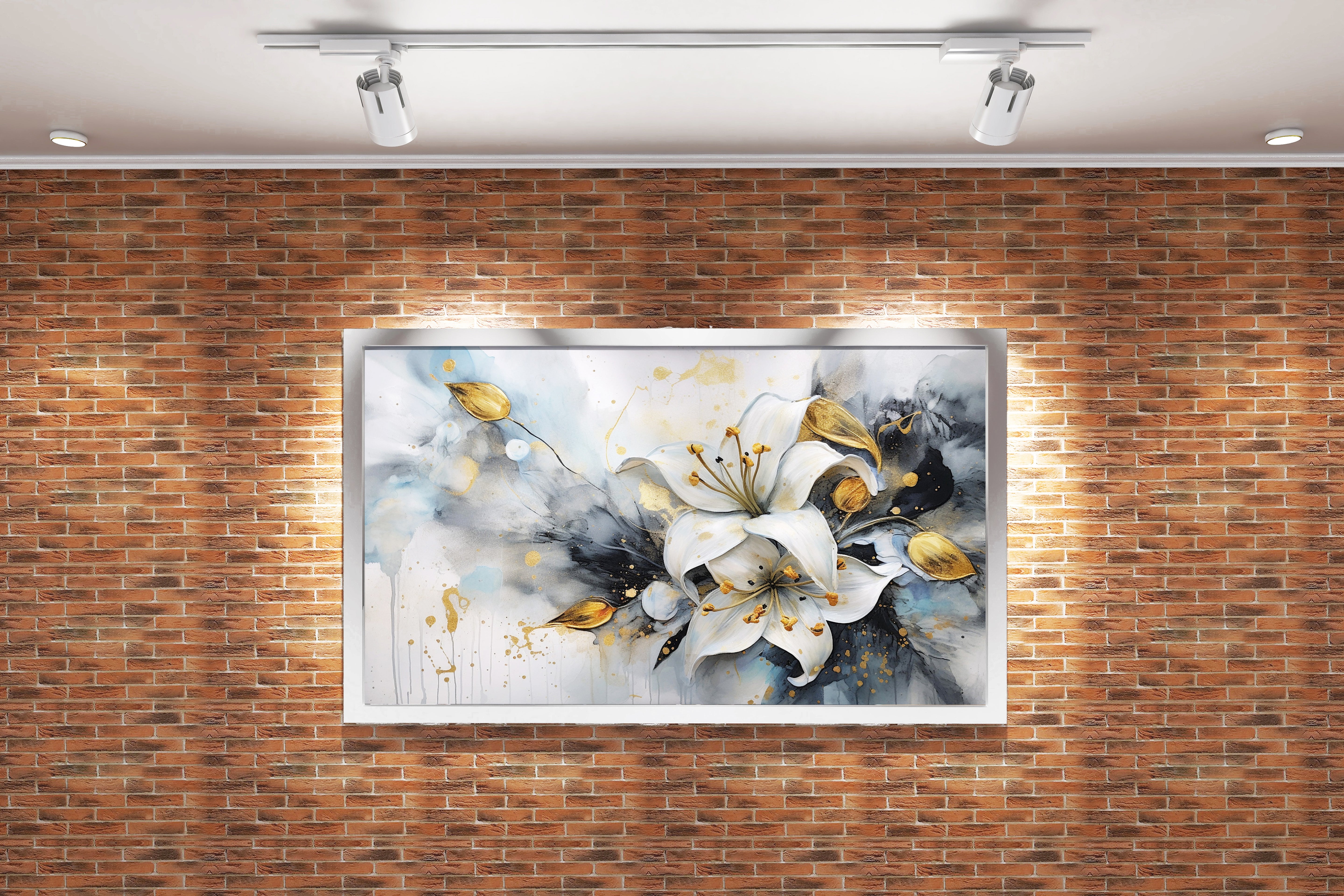 a luxurious watercolor of white lilies and golden leaves with gold splatters, flower motif, art, kanvas tablo