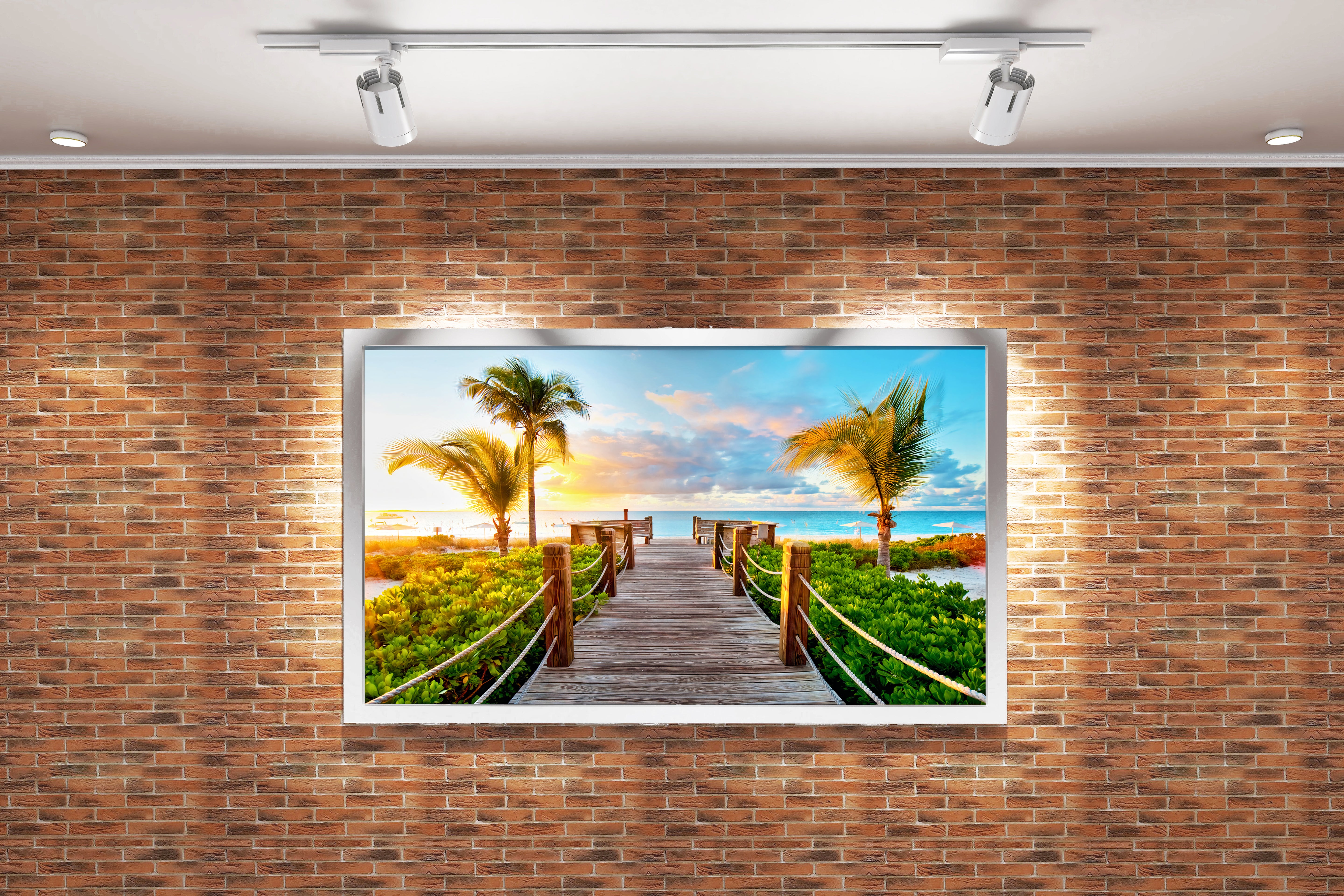 a wooden walkway to a serene paradise beach with palm trees at sunset, view, art, kanvas tablo