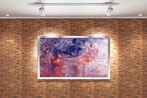 a detailed and complex fluid art painting with pink, blue, and sparkling red colors, abstract, art, kanvas tablo