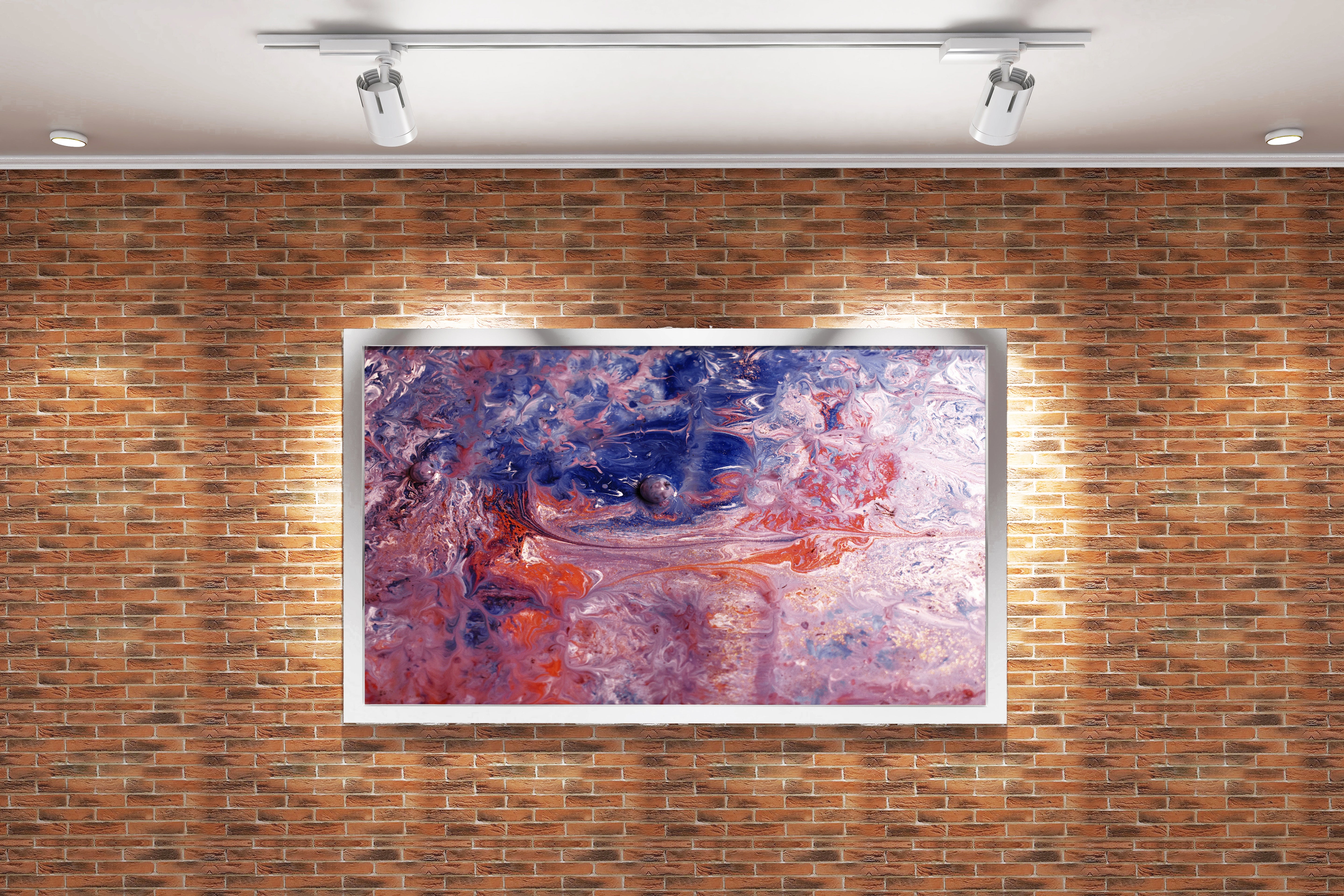 a detailed and complex fluid art painting with pink, blue, and sparkling red colors, abstract, art, kanvas tablo