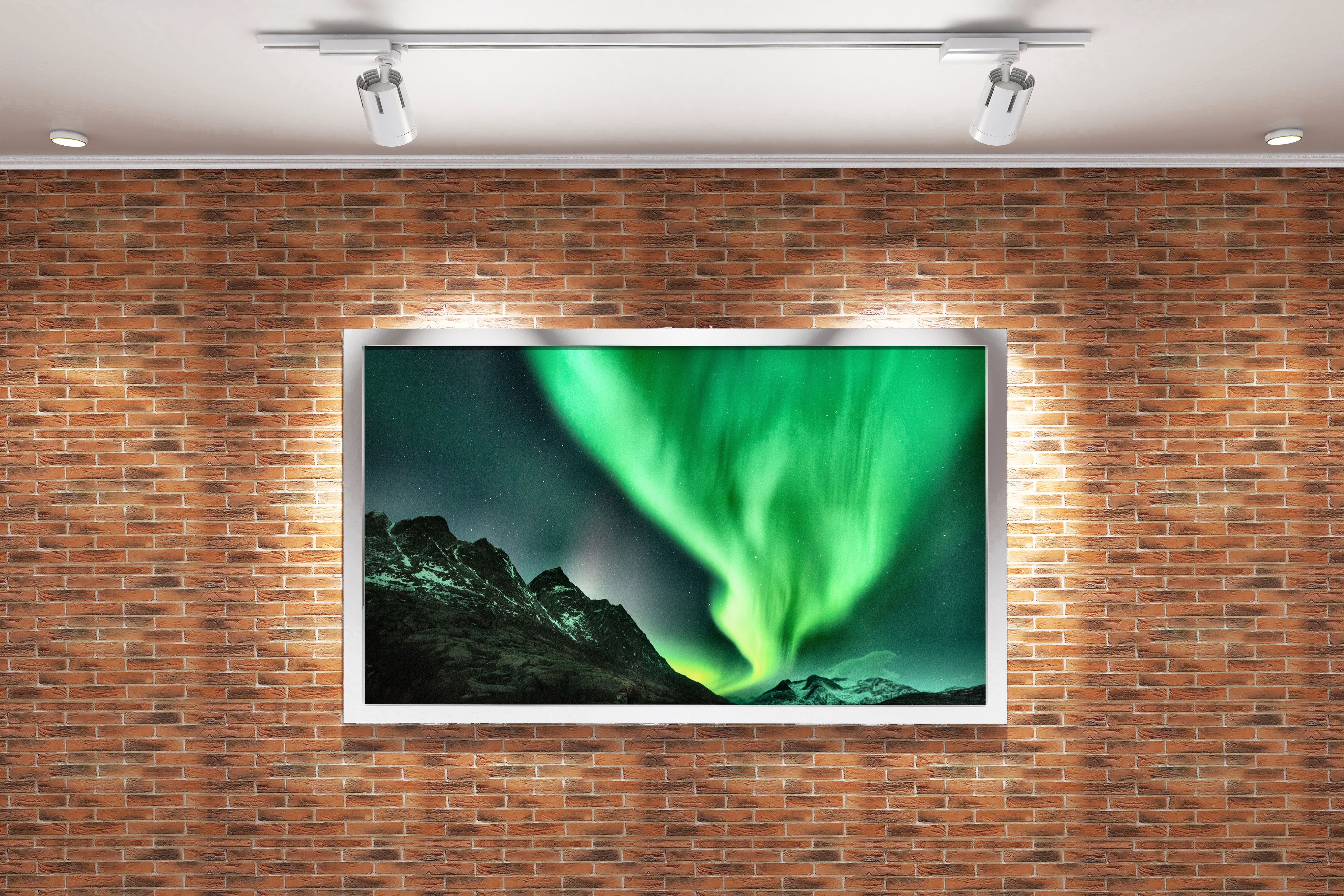 a vibrant green aurora dancing over jagged, snow-dusted mountain peaks, view, art, kanvas tablo