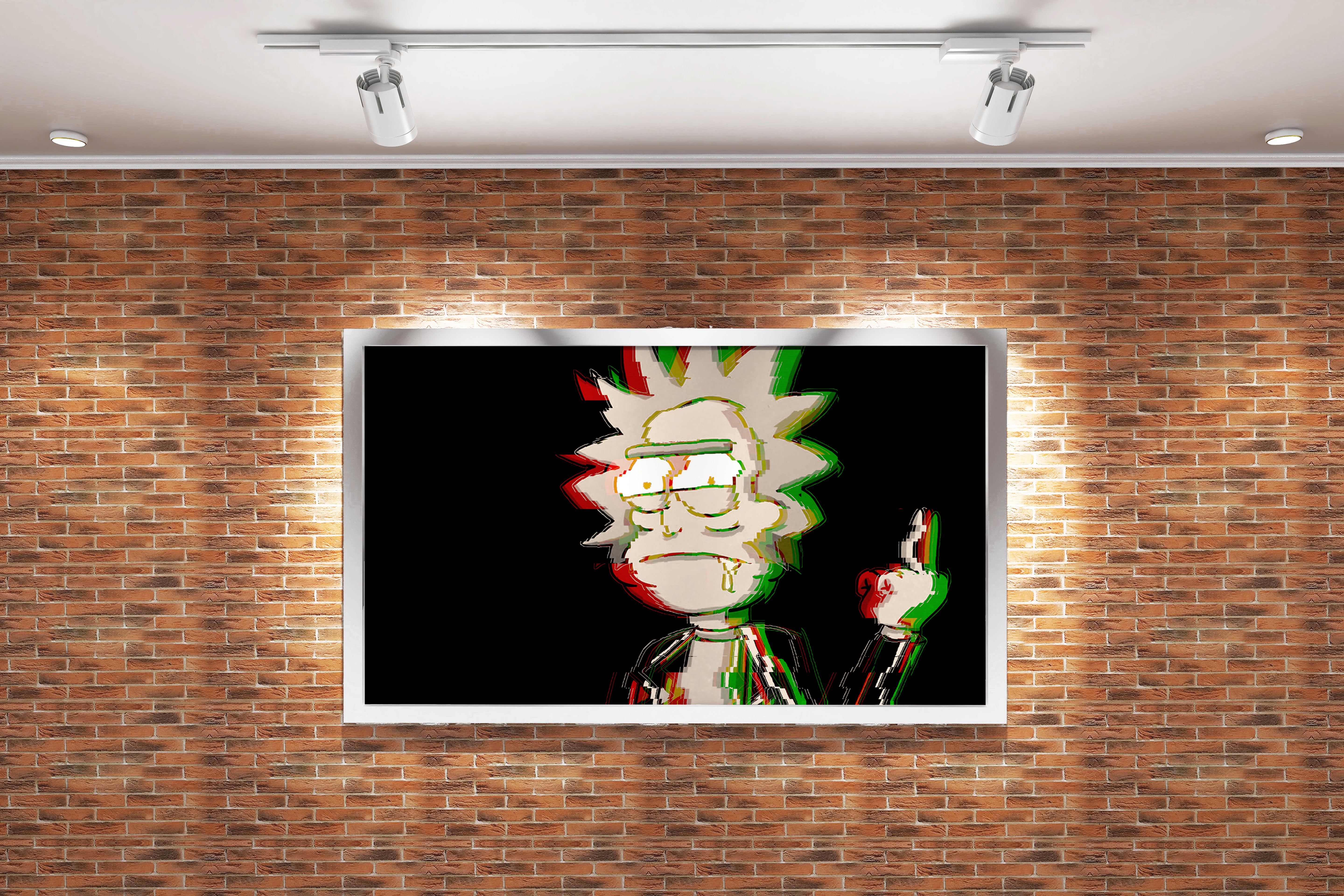 rick sanchez giving the middle finger, with a heavy glitch art effect, anime, art, kanvas tablo