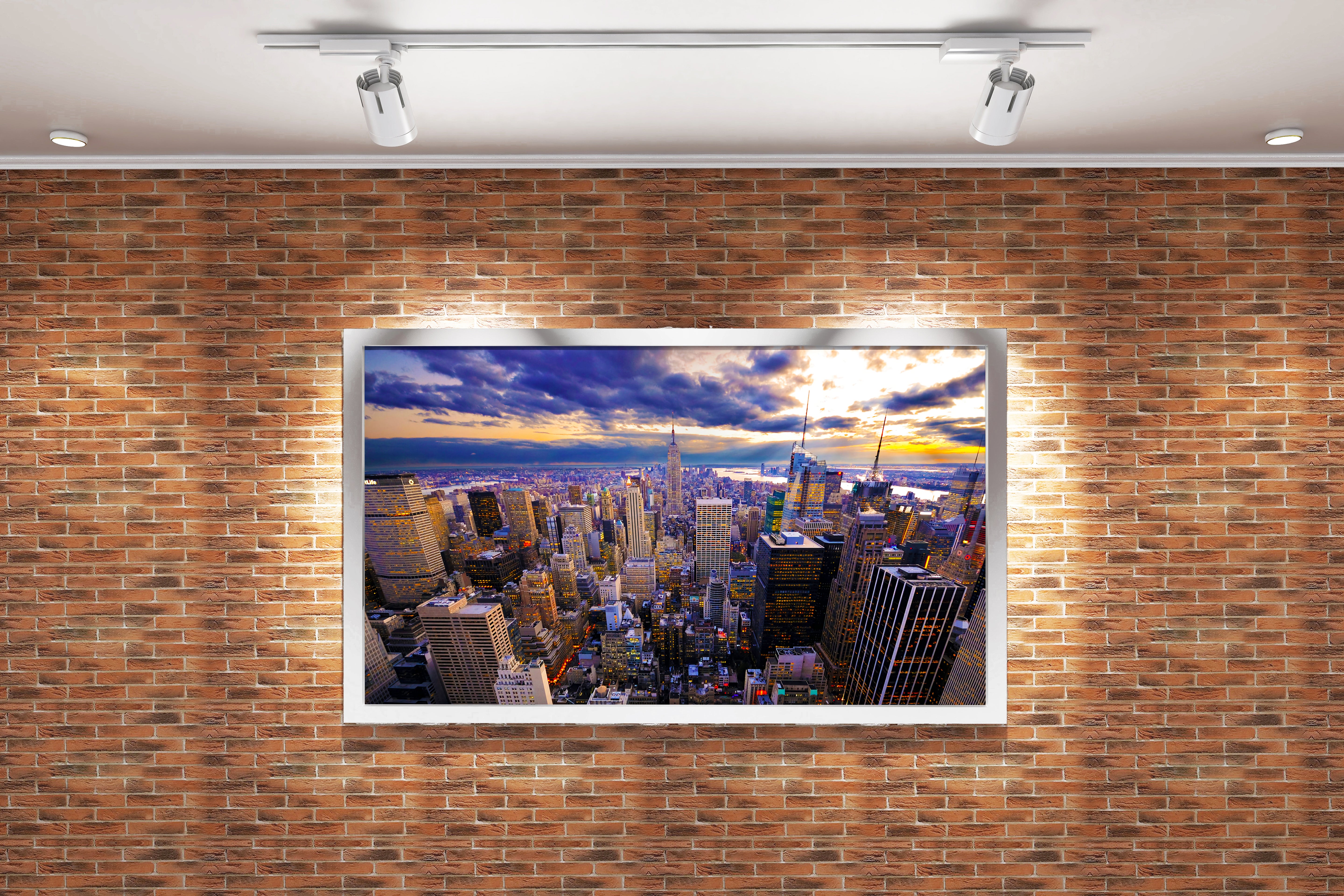 new york city at sunset, with dramatic sunbeams breaking through dark clouds, view, art, kanvas tablo