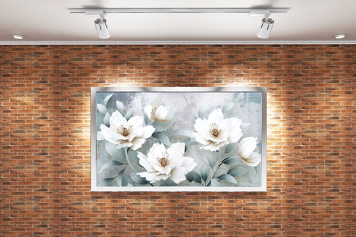 a 3d render of elegant white flowers on a grey textured painterly background, flower motif, art, kanvas tablo