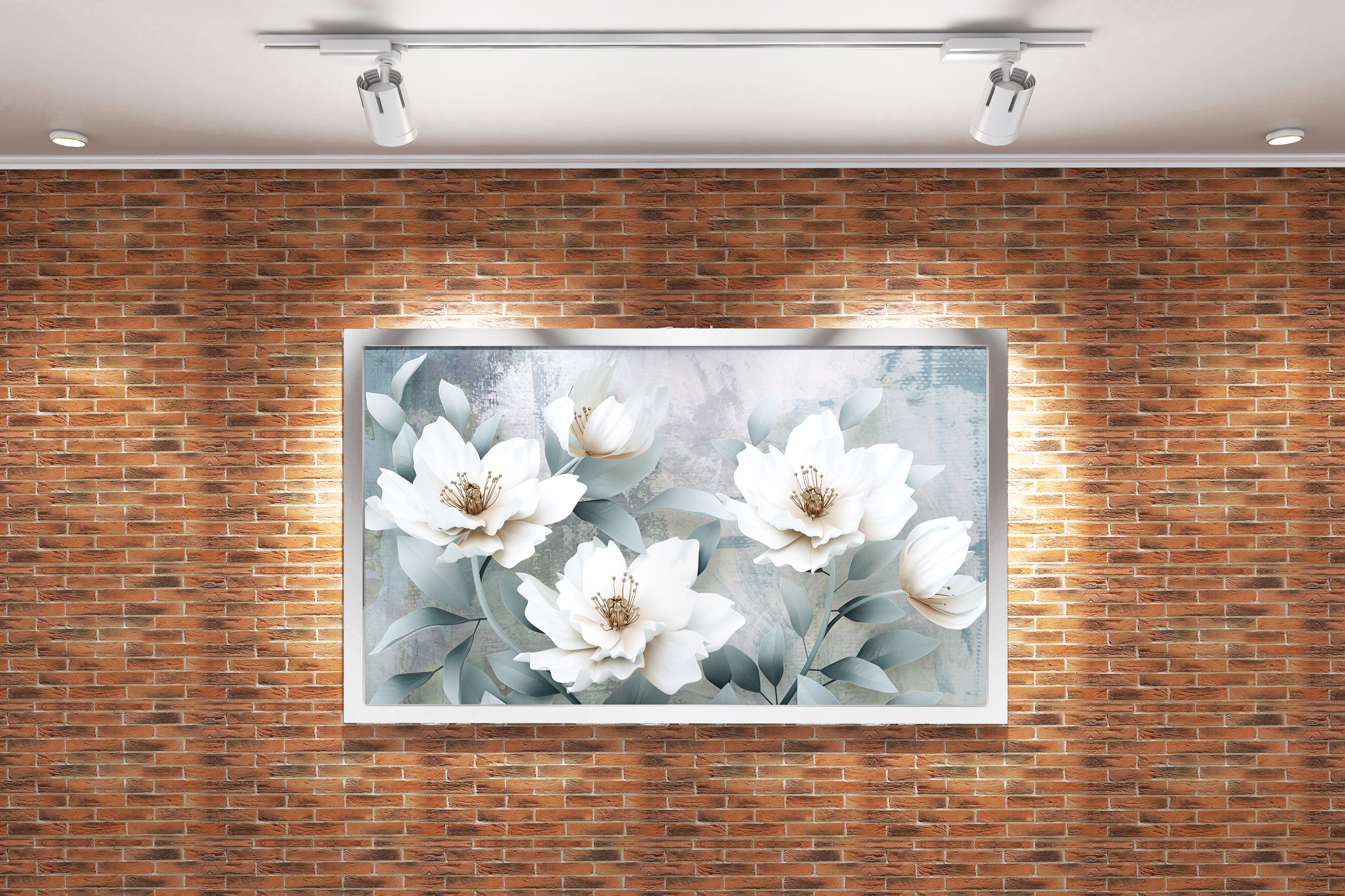 a 3d render of elegant white flowers on a grey textured painterly background, flower motif, art, kanvas tablo