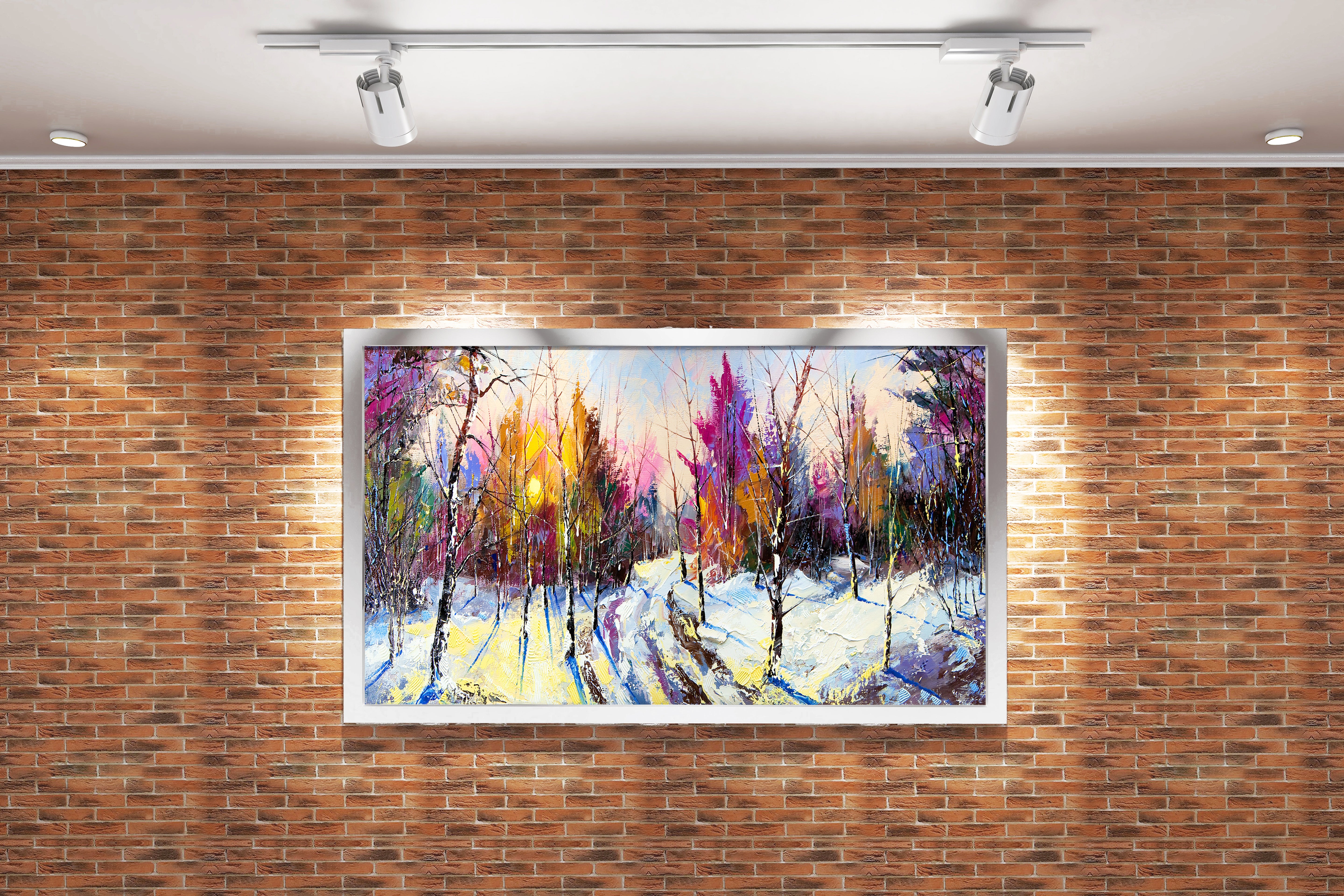 a vibrant palette knife painting of a snowy forest path at sunrise, view, art, kanvas tablo