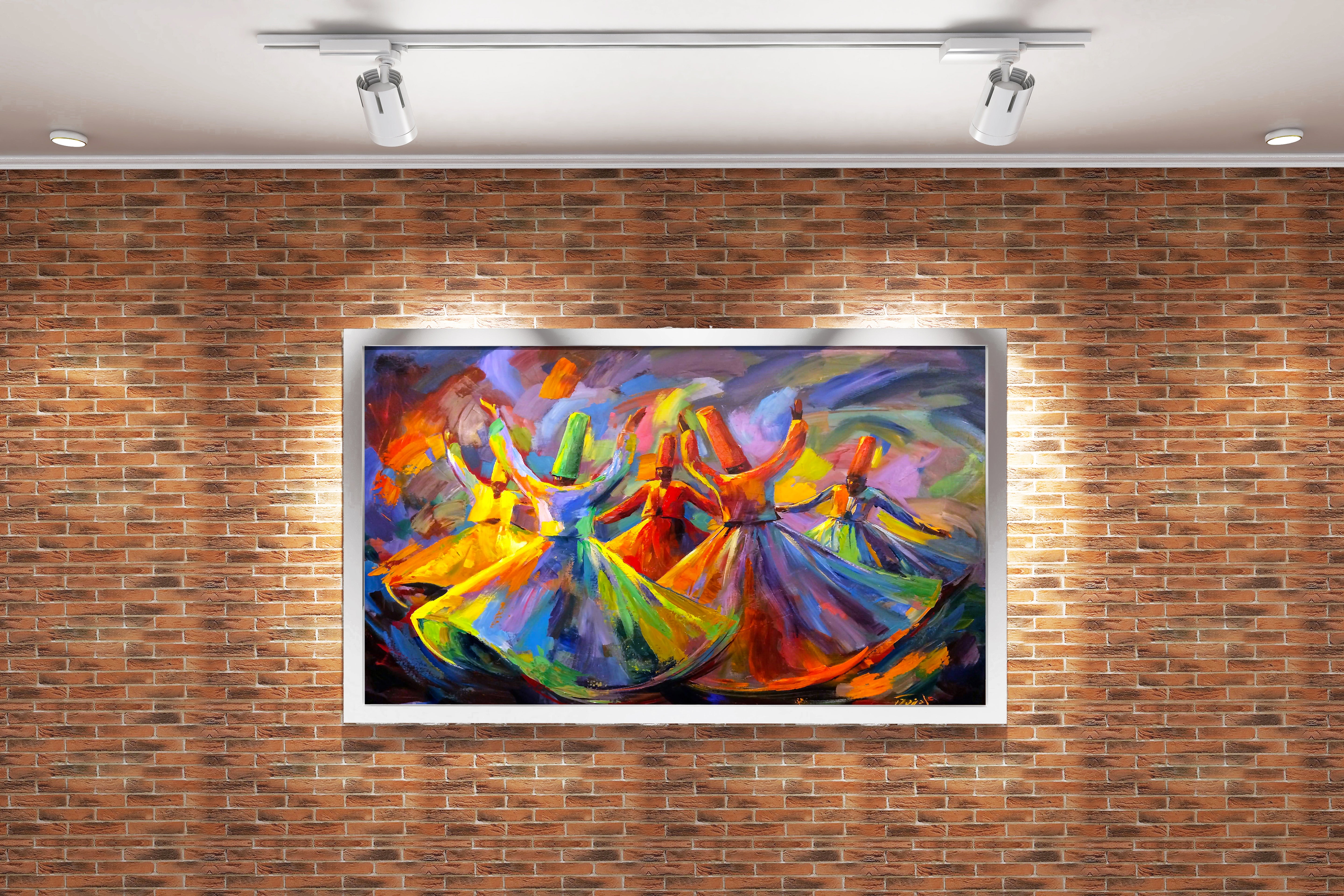 a vibrant, colorful, abstract painting of whirling dervishes spinning, art, kanvas tablo