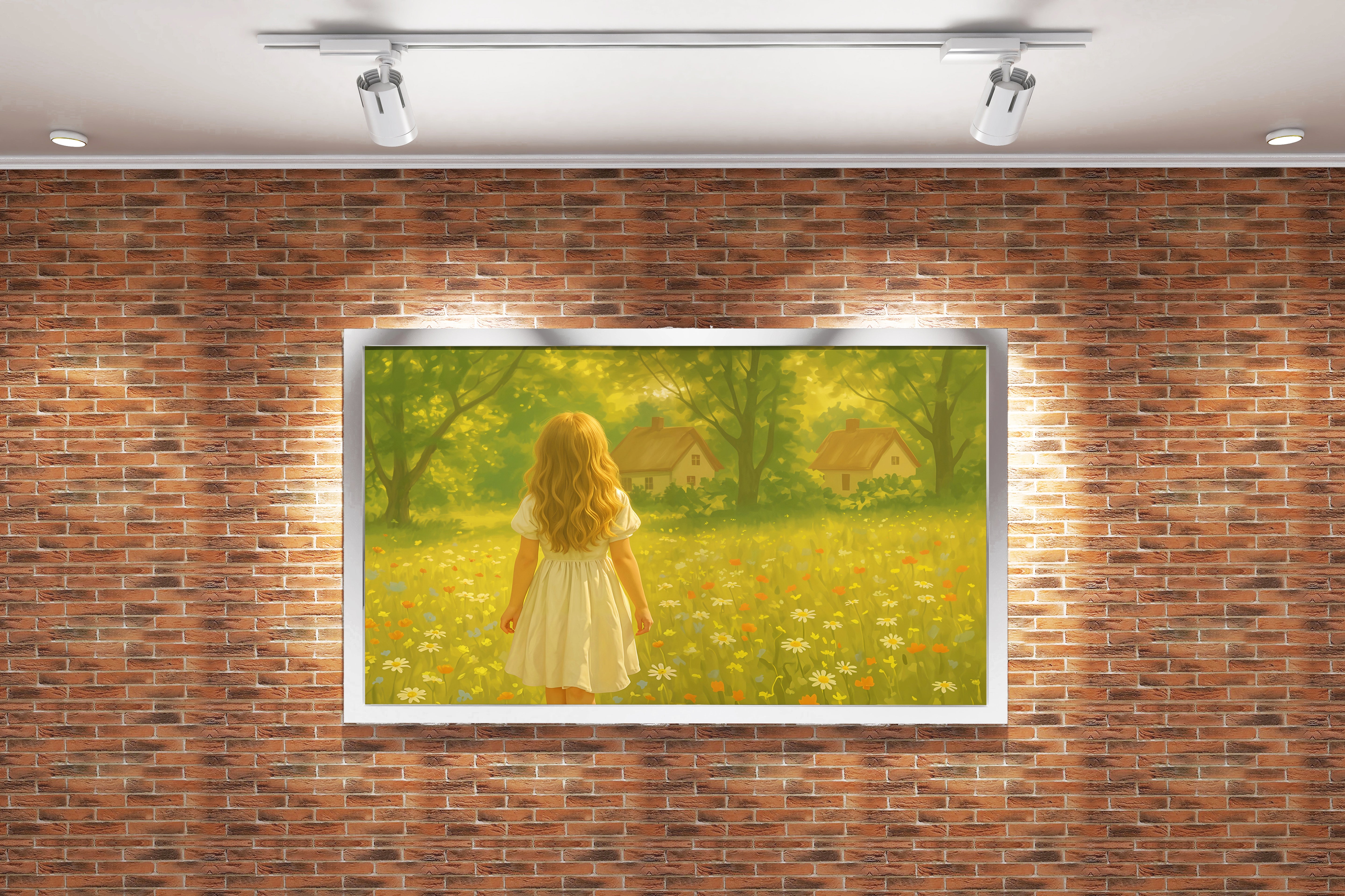 forest and small hut with flower view with little girl, view, art, kanvas tablo