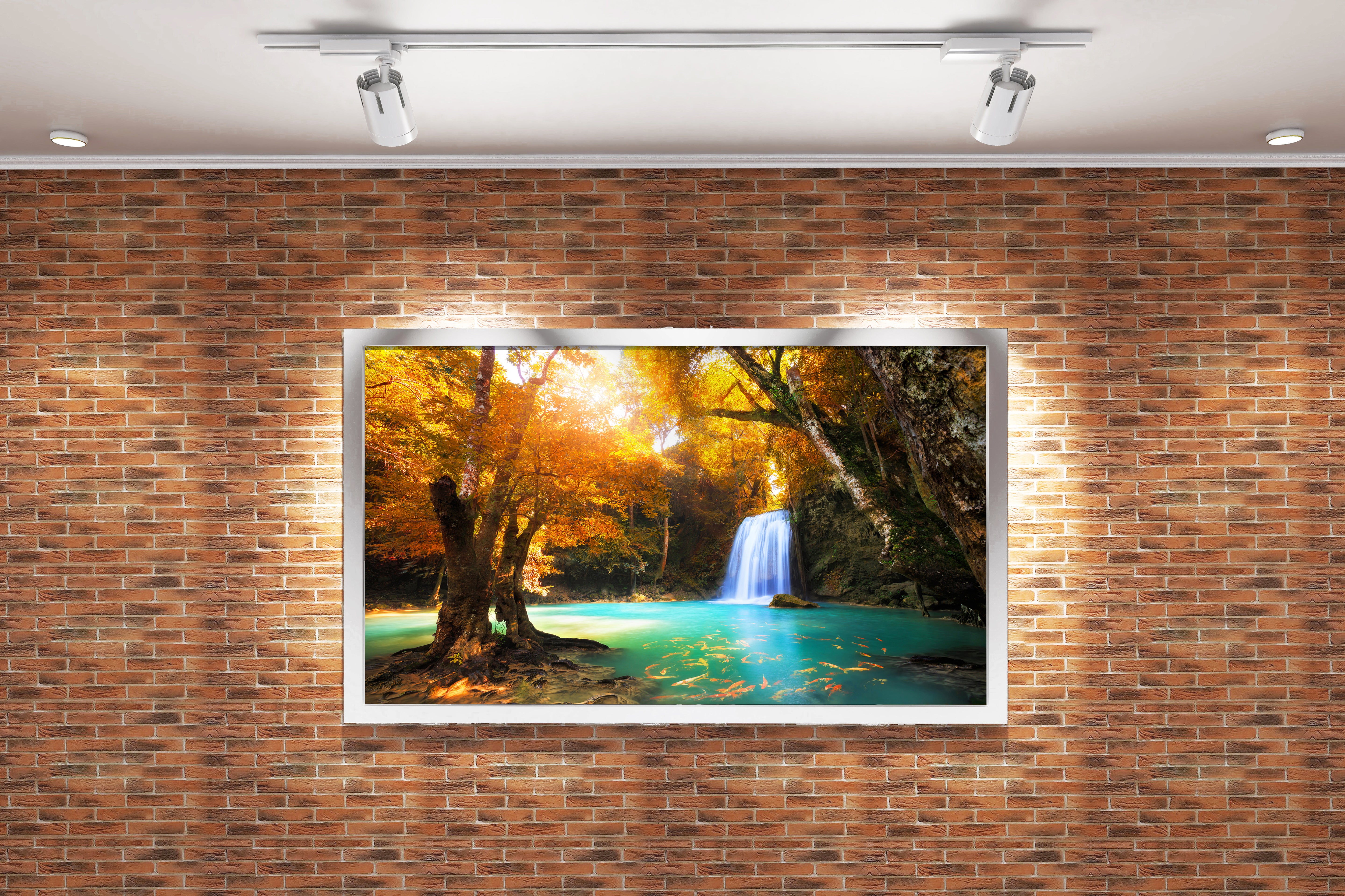 a magical waterfall in a golden autumn forest with fish in turquoise water, view, art, kanvas tablo