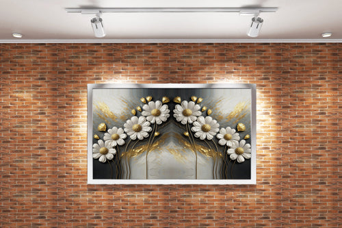 an elegant and symmetrical design of white and gold flowers on a texture, flower motif, art, kanvas tablo