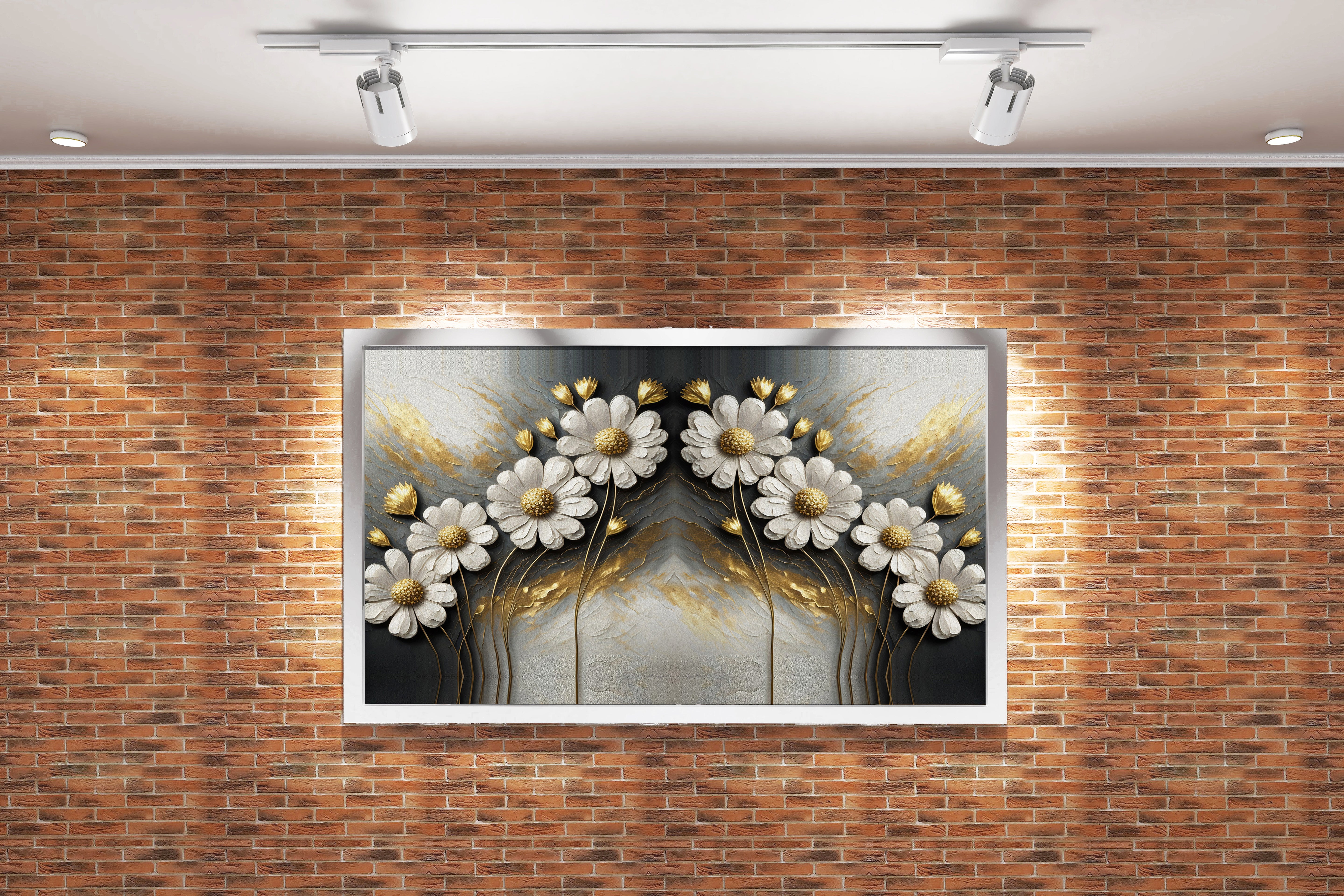 an elegant and symmetrical design of white and gold flowers on a texture, flower motif, art, kanvas tablo