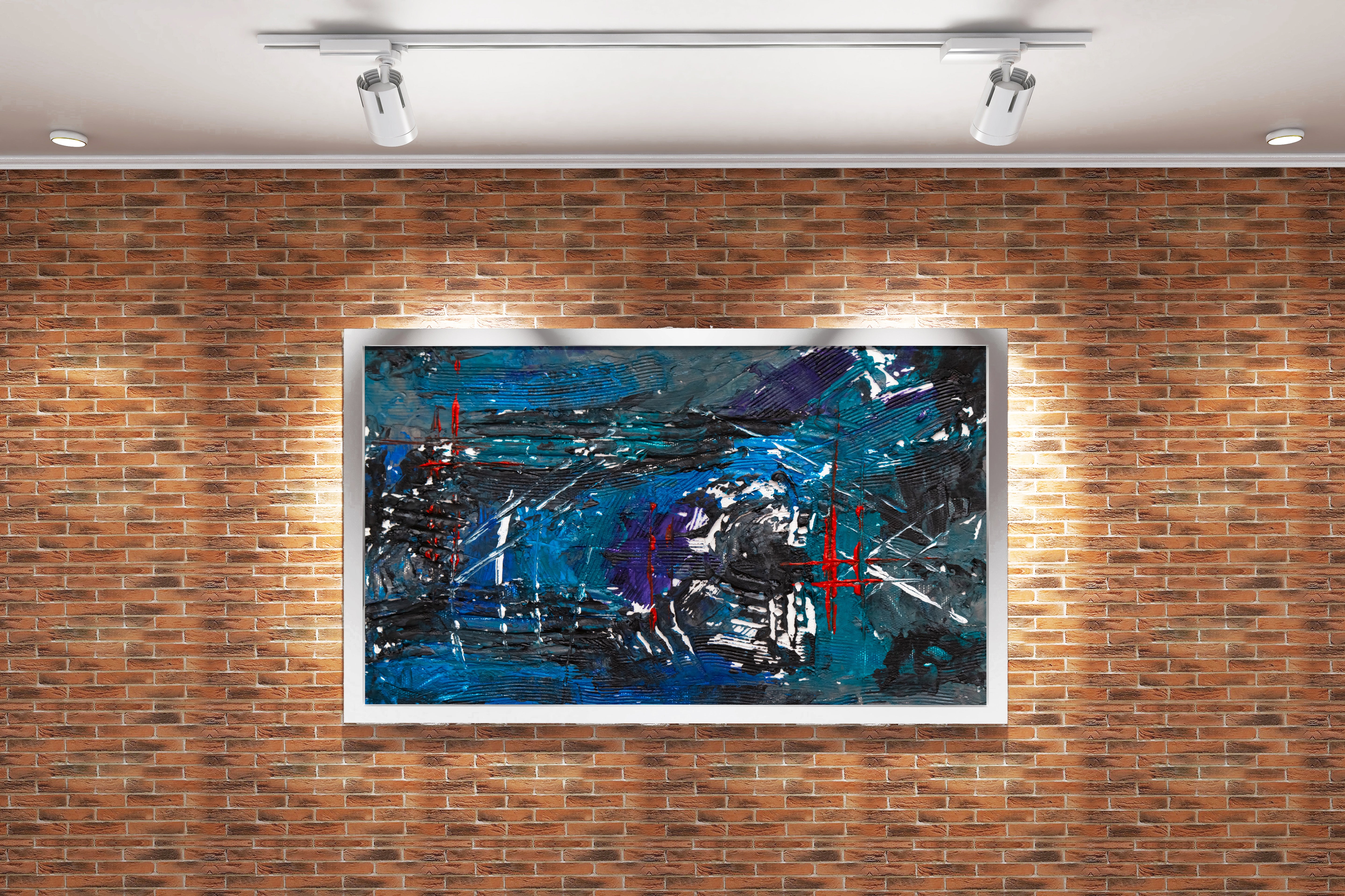 a heavily textured dark abstract painting with deep blue tones and red linear accents, abstract, art, kanvas tablo