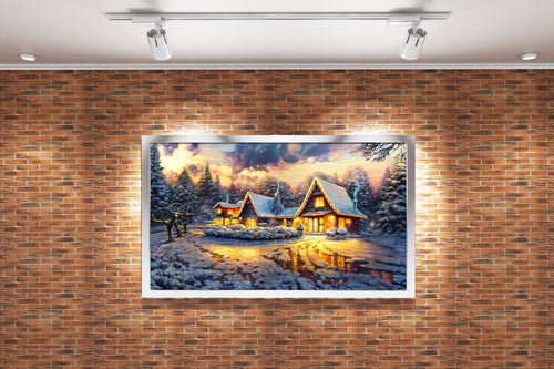 a cozy christmas cabin in a snowy forest, its warm light reflecting on ice, view, art, kanvas tablo