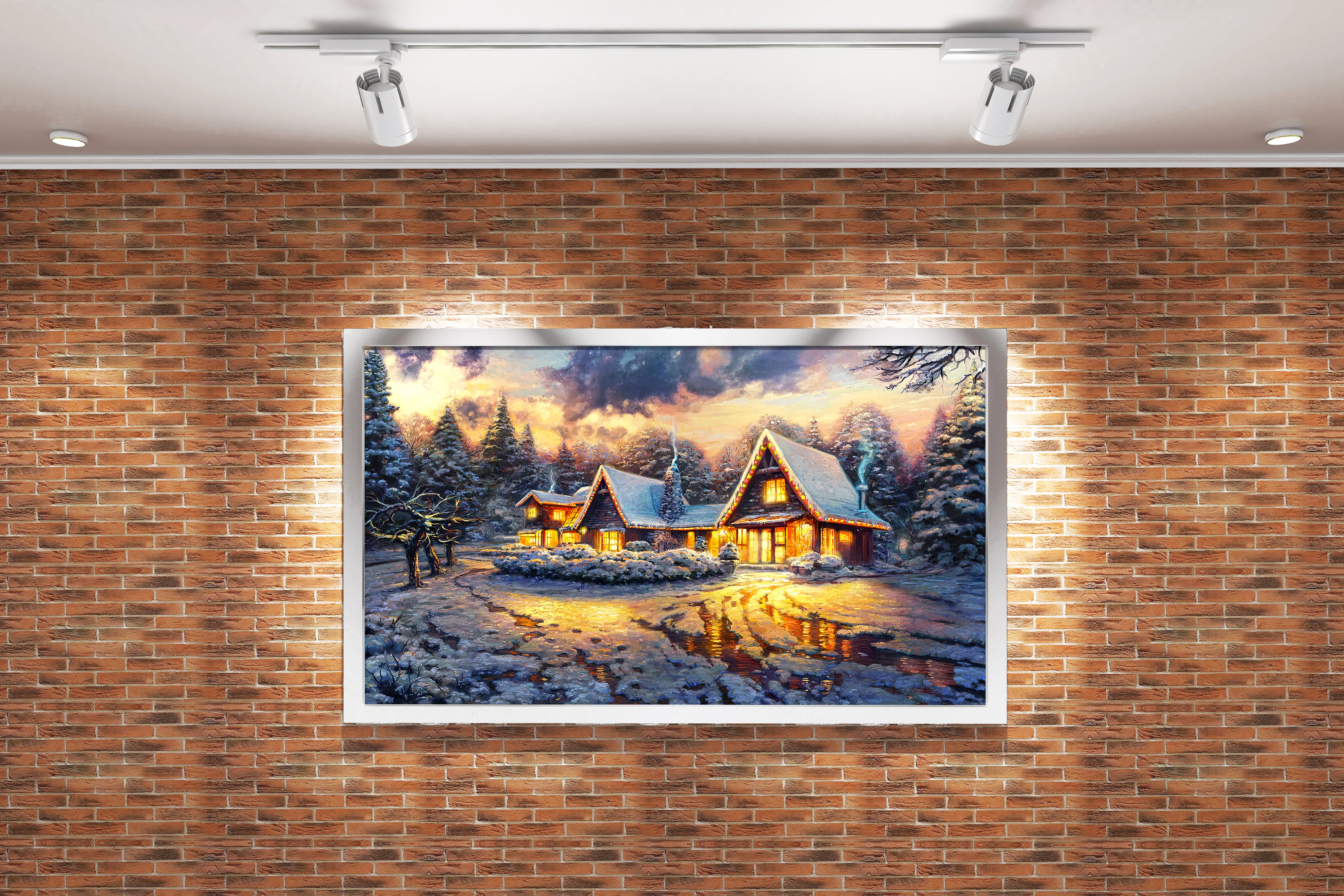 a cozy christmas cabin in a snowy forest, its warm light reflecting on ice, view, art, kanvas tablo