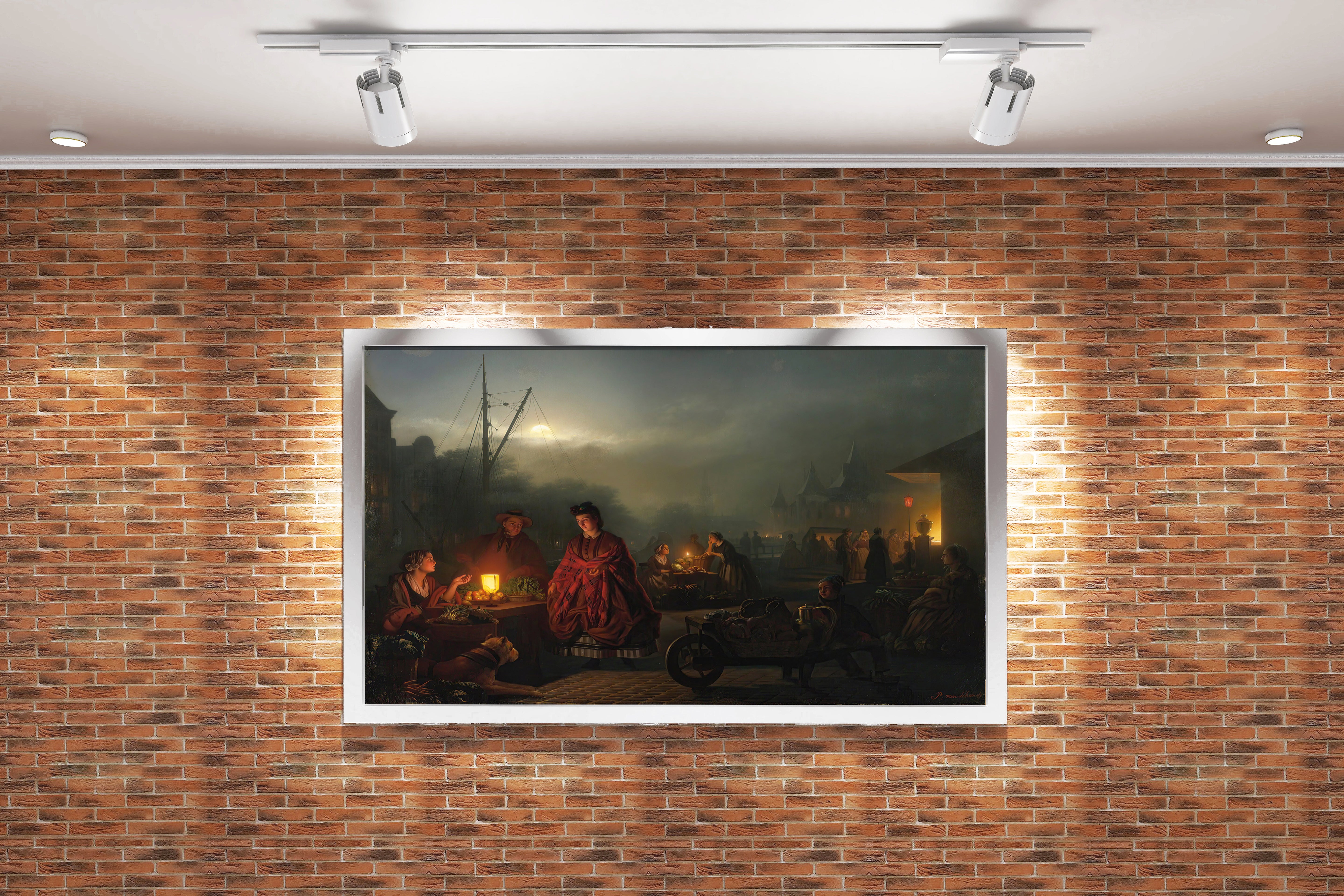 Petrus van Schendel'in Işık Ustası Eseri Ay Işığında Pazar Yeri Romantik Kanvas Tablo