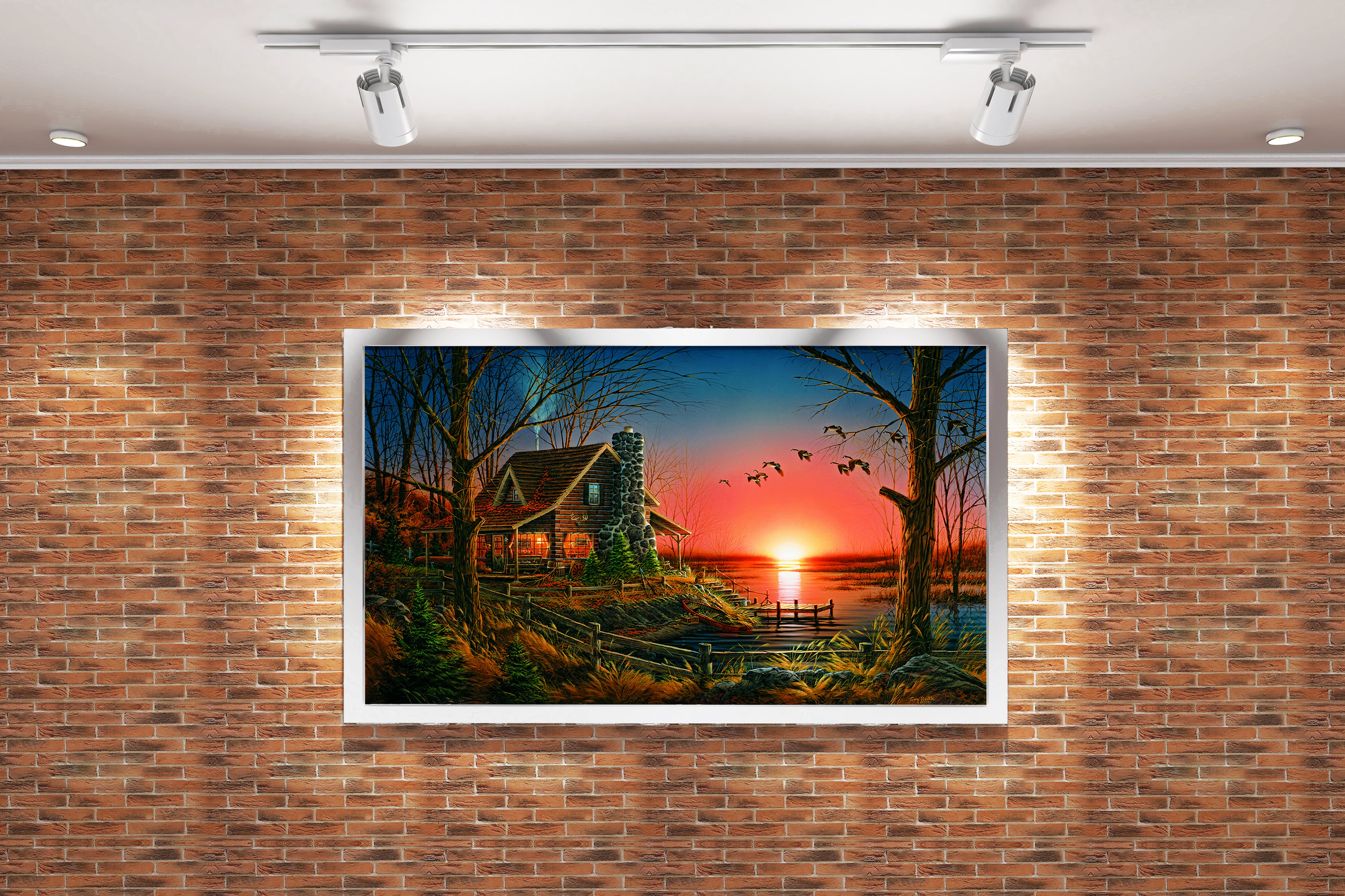 a cozy log cabin by a lake with geese flying across a red sunset, view, art, kanvas tablo