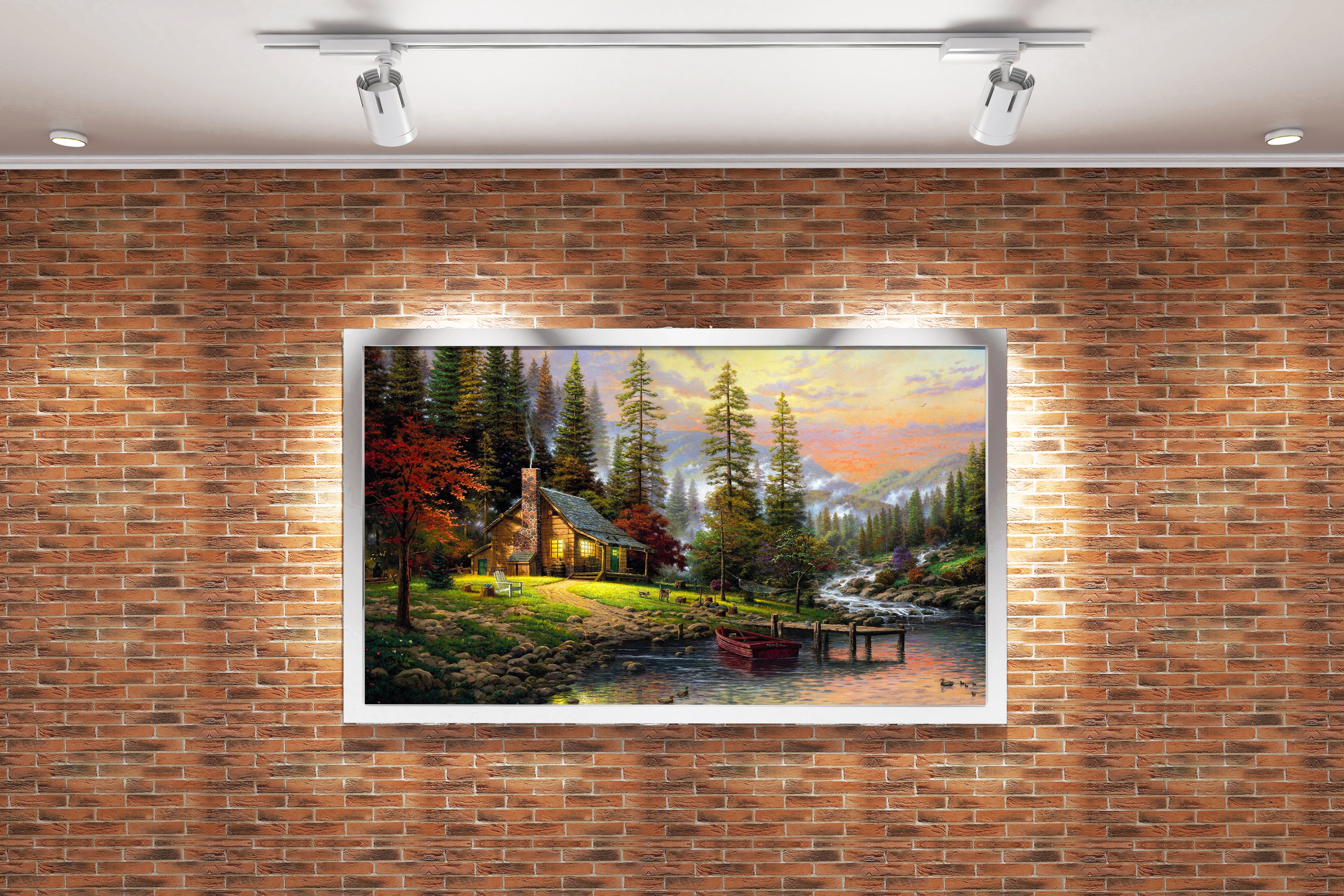 a cozy log cabin glowing by a peaceful river in a mountain forest, view, art, kanvas tablo