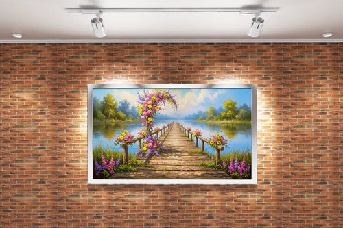 pier and nature view by the river with colorful flowers model 2, view, ai art, art, kanvas tablo