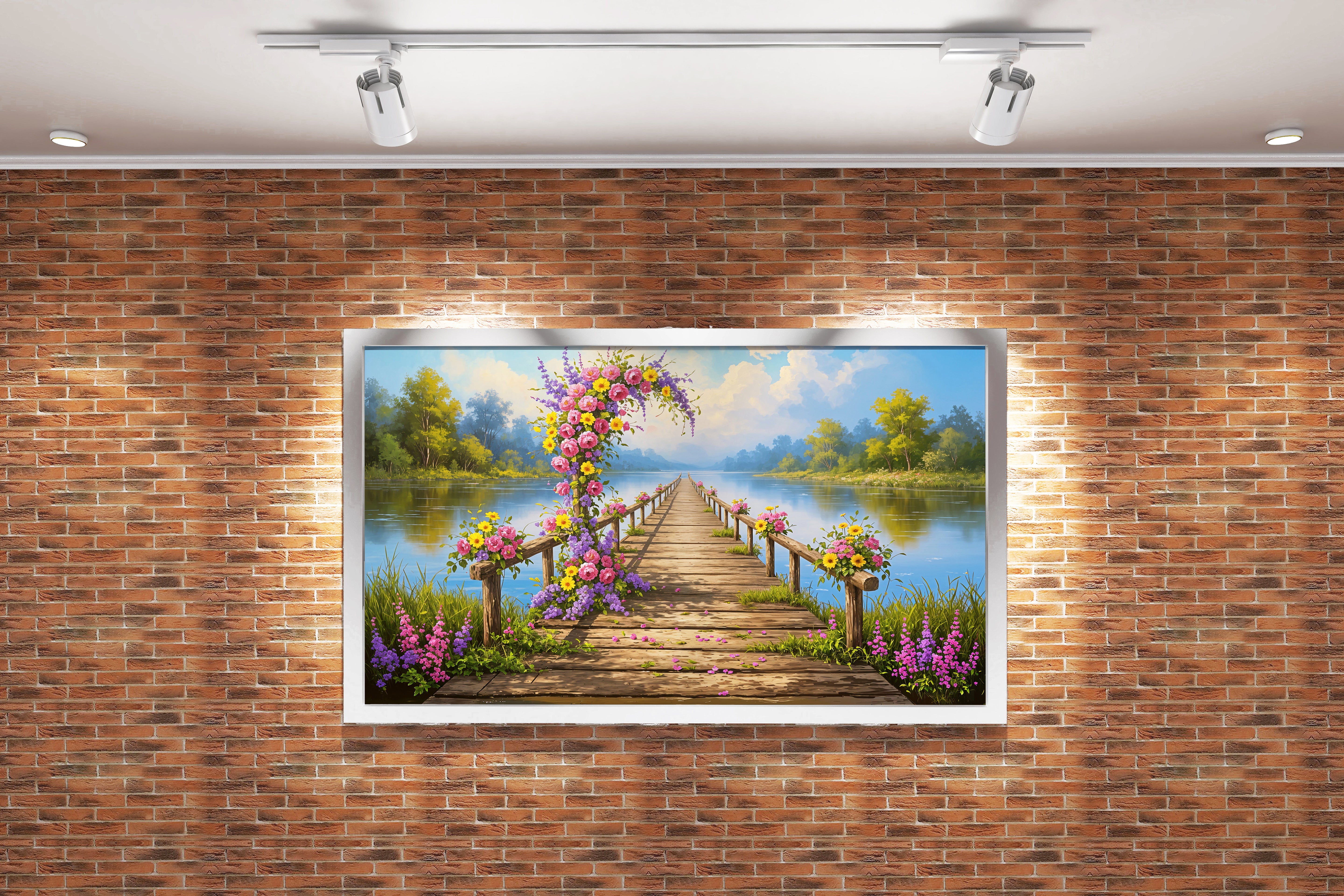 pier and nature view by the river with colorful flowers model 2, view, ai art, art, kanvas tablo