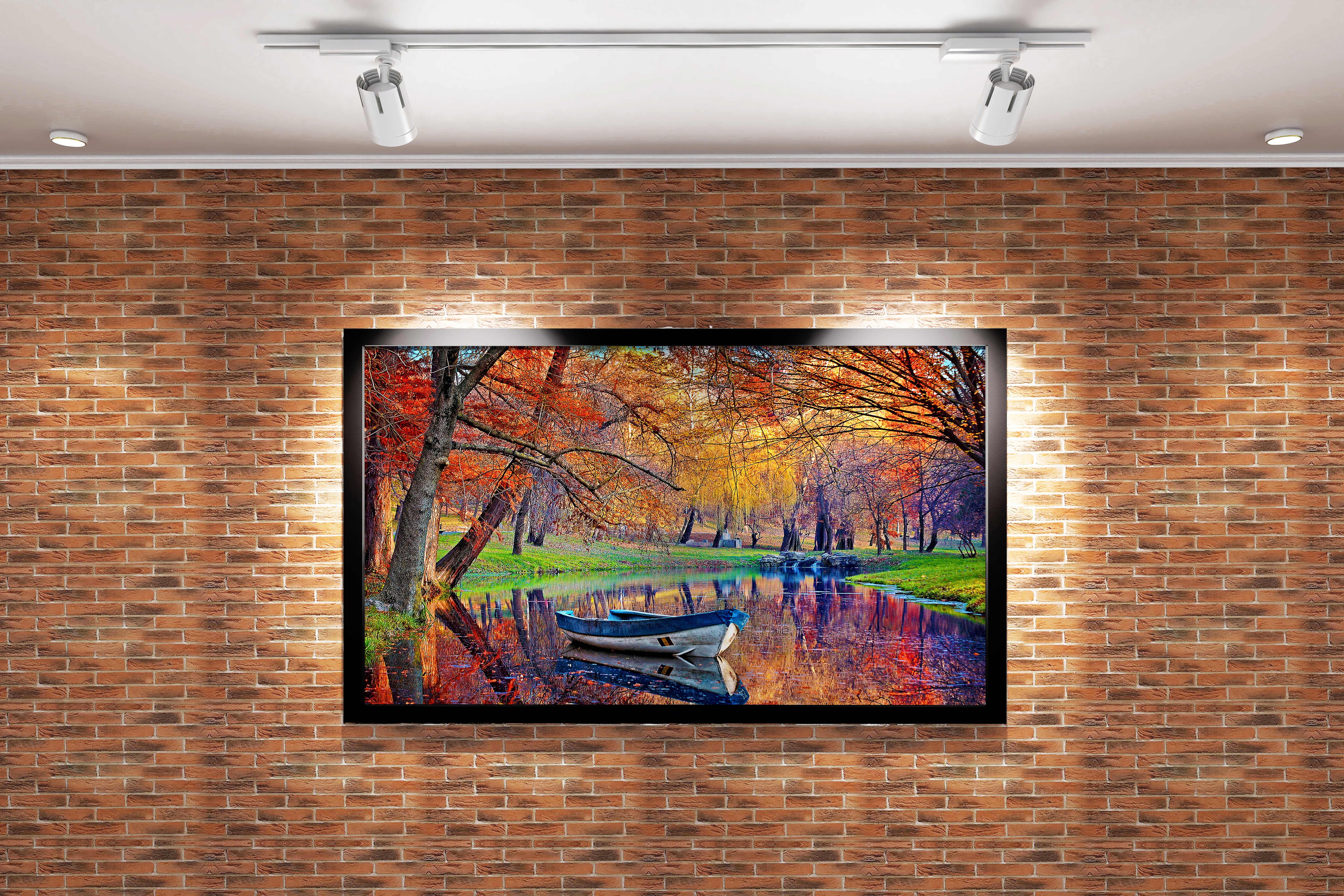 a small boat on a calm river reflecting vibrant autumn colored trees, view, art, kanvas tablo