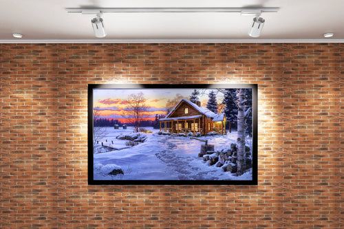 footprints in the snow lead to a cozy cabin glowing at sunset, view, art, kanvas tablo