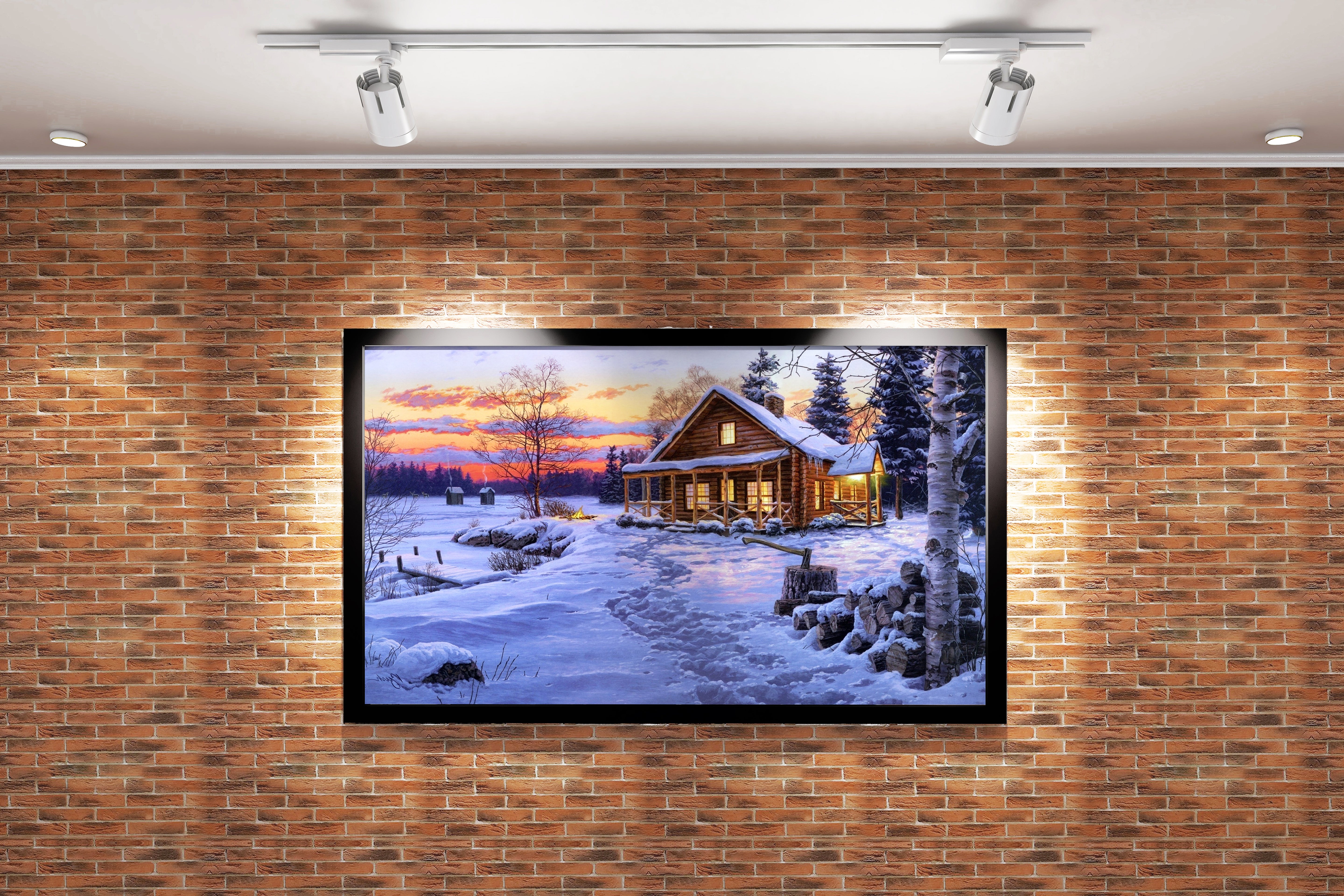footprints in the snow lead to a cozy cabin glowing at sunset, view, art, kanvas tablo
