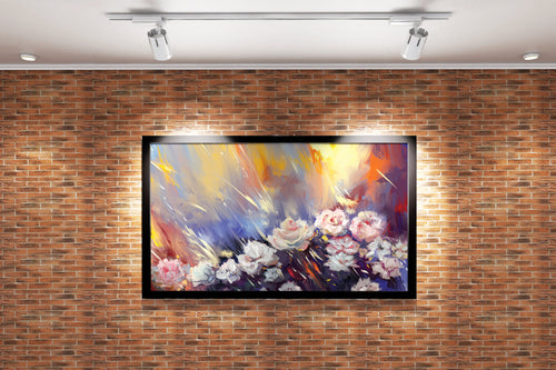 a dramatic, expressive painting of white roses with streaks of colorful light, art, kanvas tablo