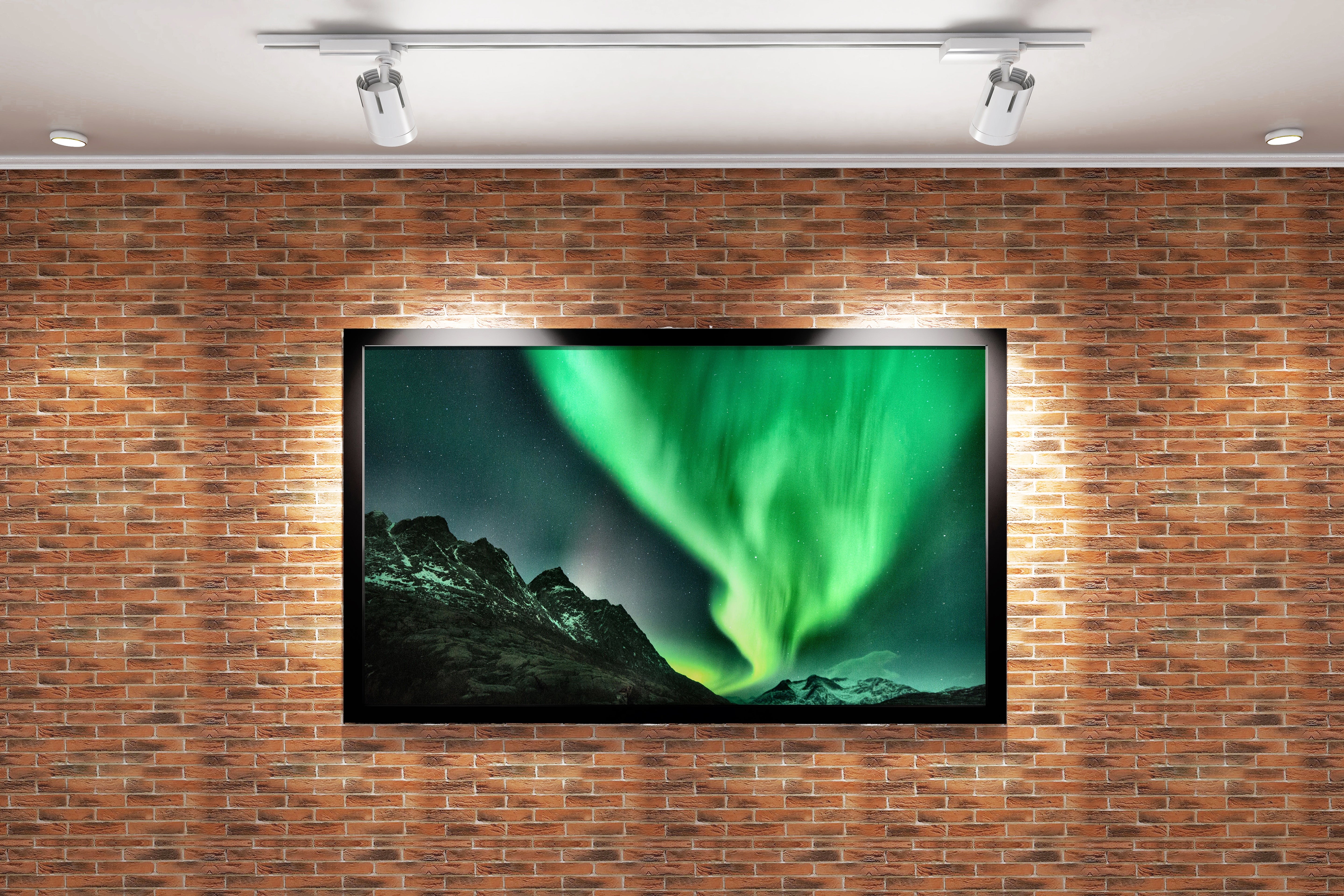 a vibrant green aurora dancing over jagged, snow-dusted mountain peaks, view, art, kanvas tablo