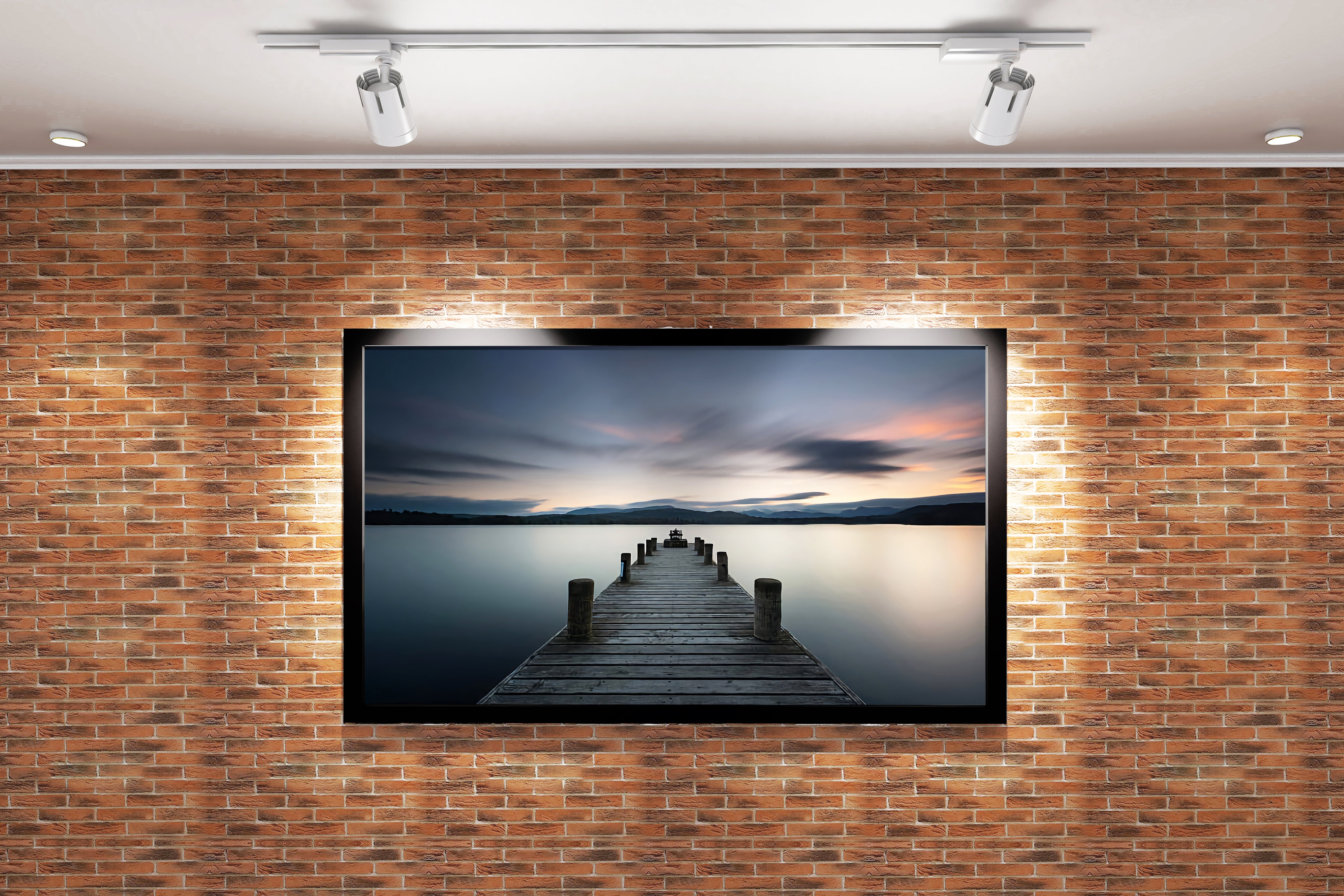 a serene wooden pier on a glassy lake with a moody, long exposure sky, view, art, kanvas tablo