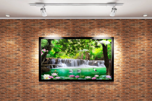 a fantasy jungle waterfall with swans, a crane, and pink lotus flowers, view, art, kanvas tablo