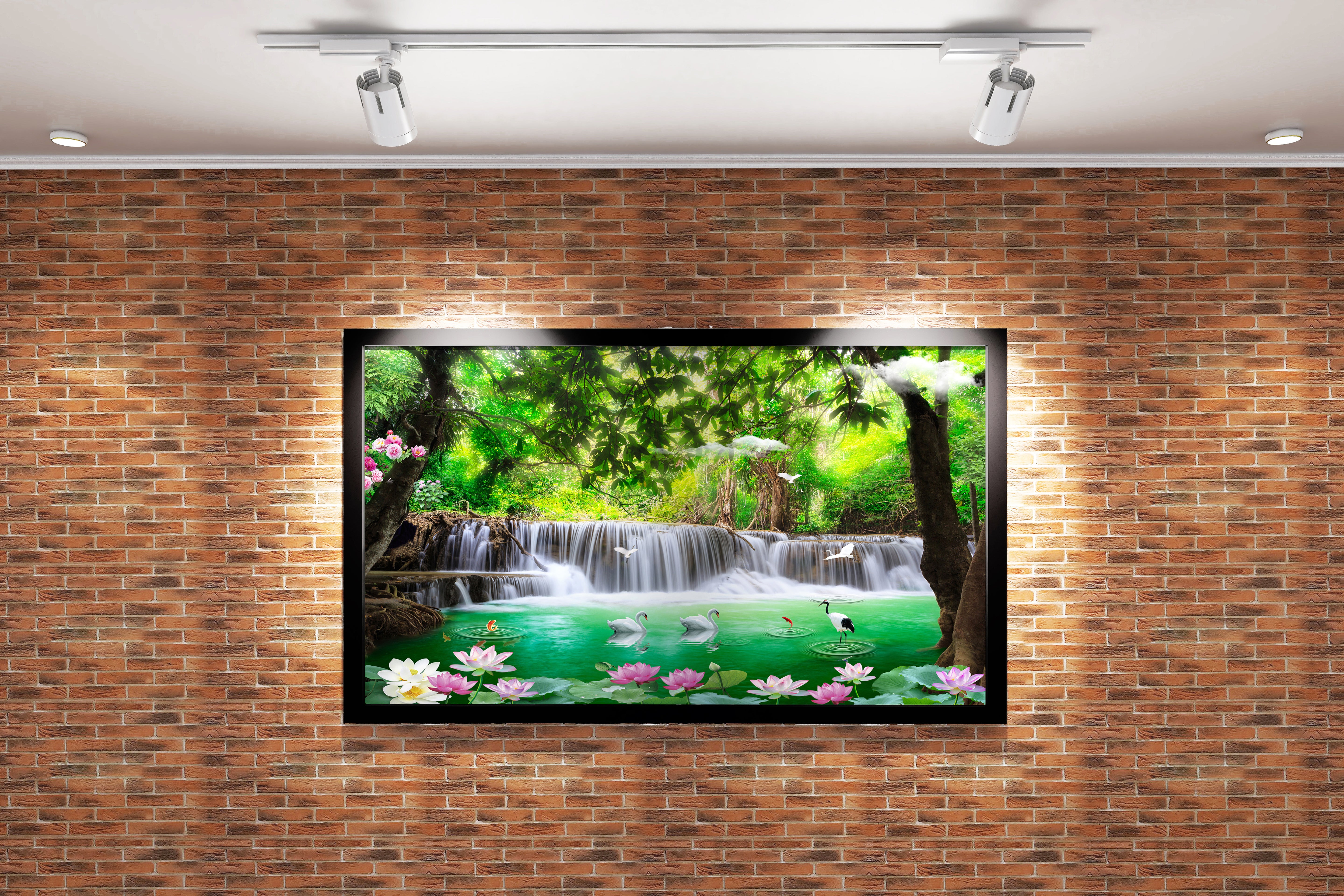 a fantasy jungle waterfall with swans, a crane, and pink lotus flowers, view, art, kanvas tablo
