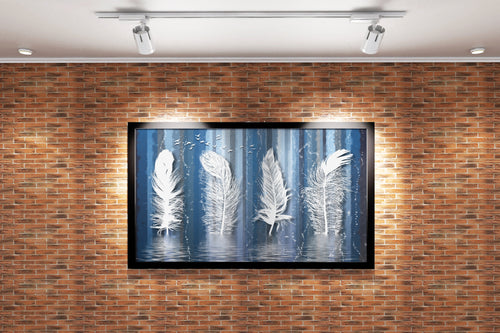 a surreal painting of giant white feathers standing like trees in the water, art, kanvas tablo