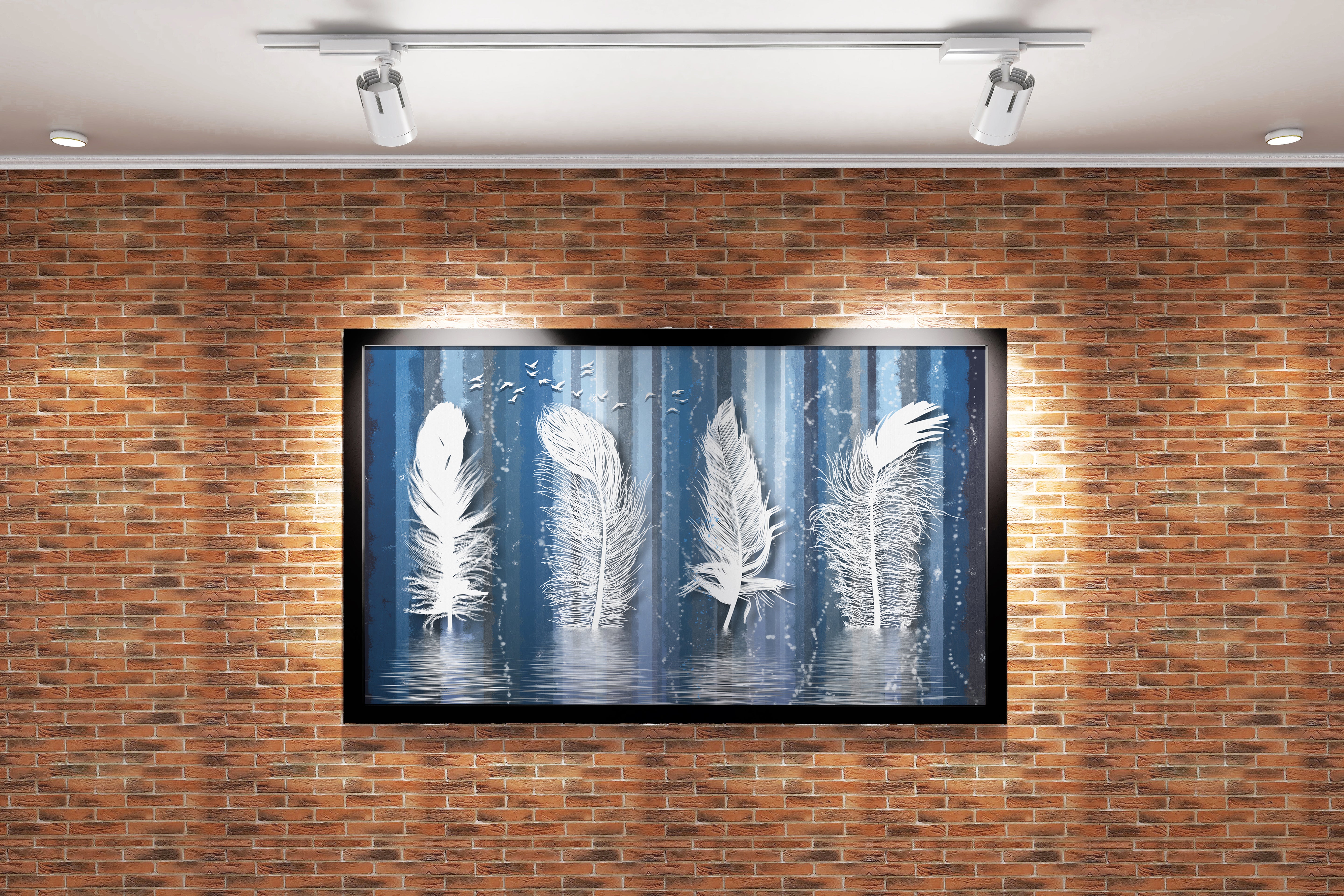 a surreal painting of giant white feathers standing like trees in the water, art, kanvas tablo