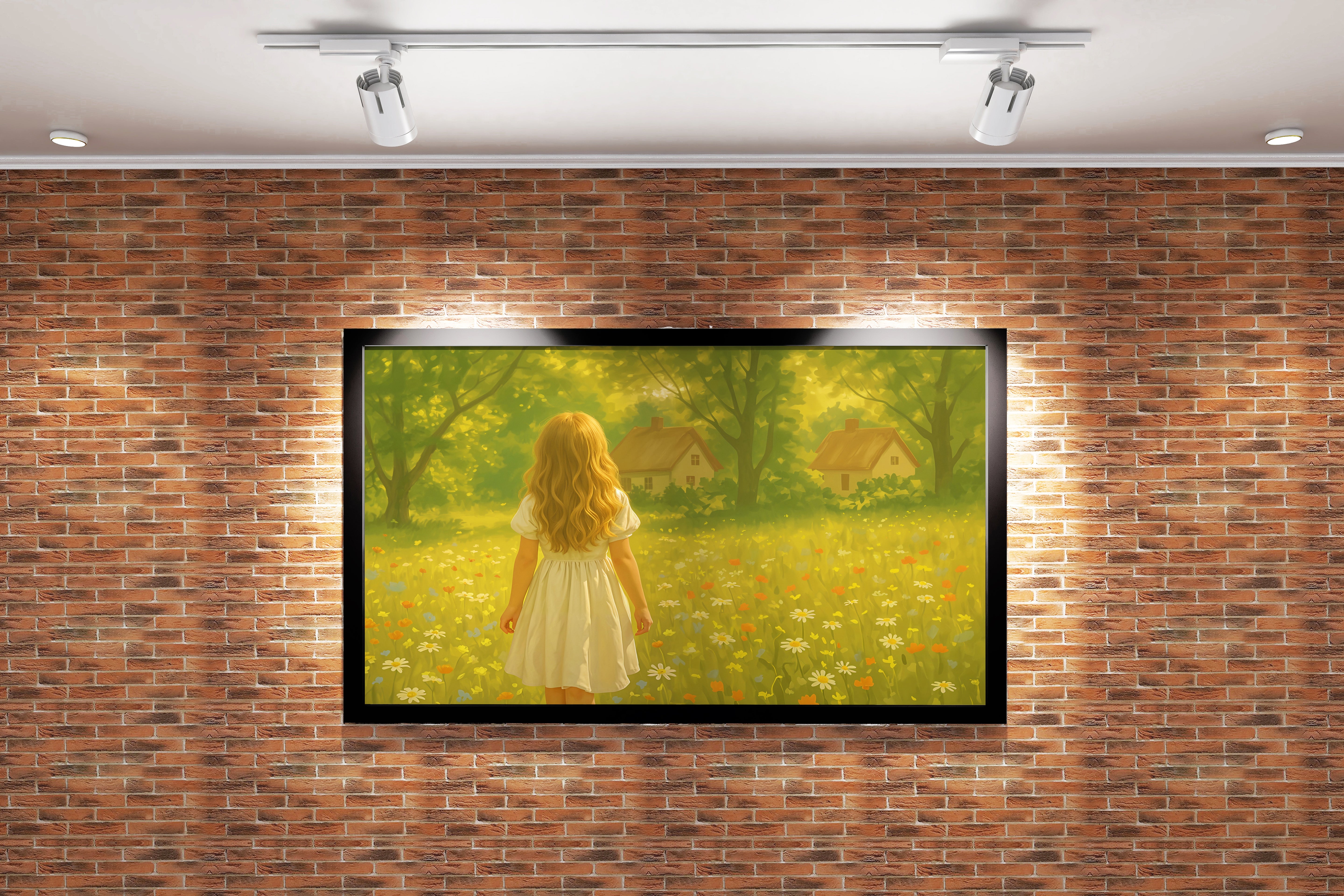 forest and small hut with flower view with little girl, view, art, kanvas tablo