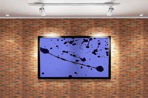 a minimalist abstract artwork with dynamic black paint splatters on a lavender background, abstract, art, kanvas tablo