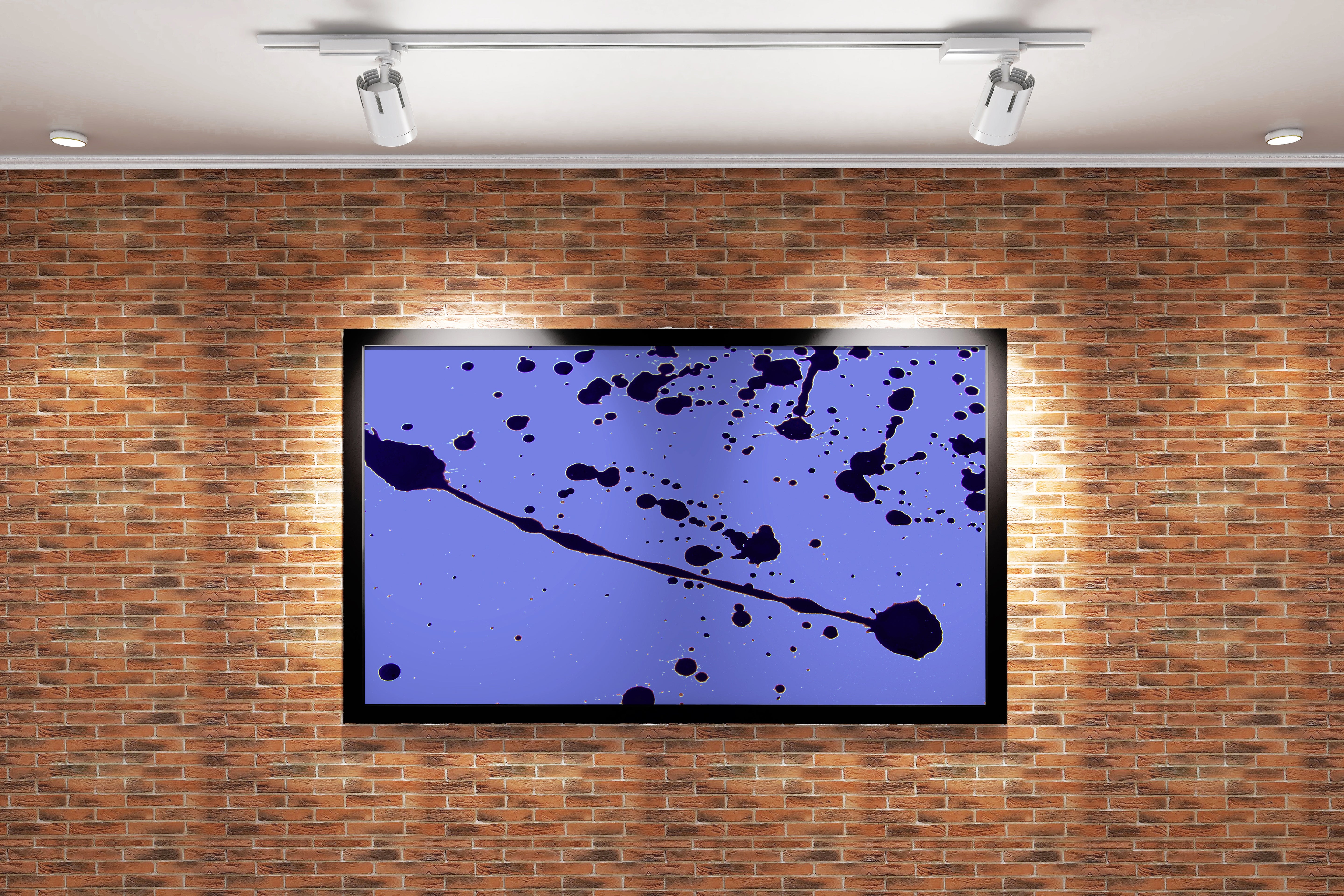 a minimalist abstract artwork with dynamic black paint splatters on a lavender background, abstract, art, kanvas tablo