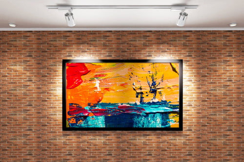 a close-up of a vibrant abstract painting with thick orange and blue brushstrokes, abstract, art, kanvas tablo