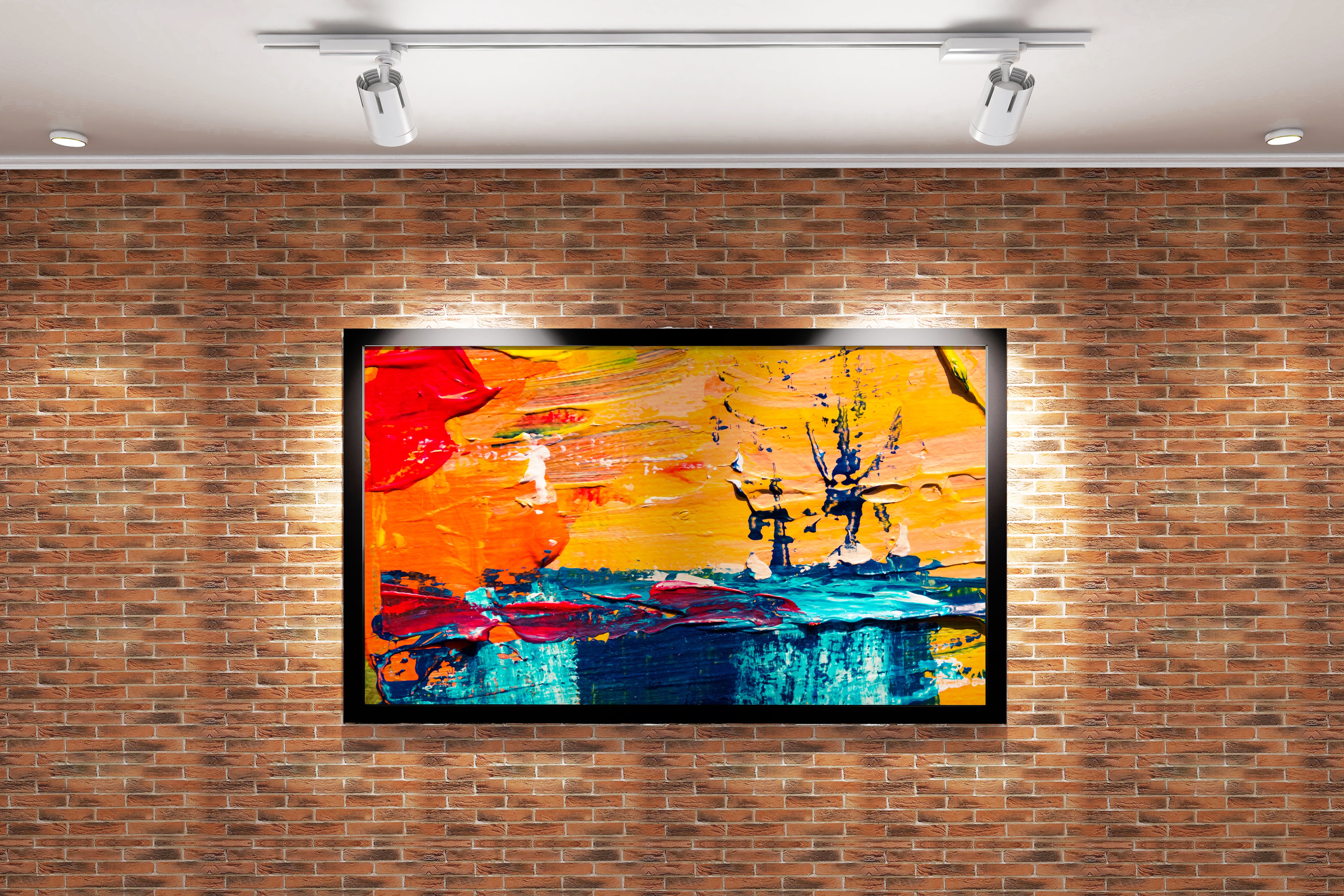 a close-up of a vibrant abstract painting with thick orange and blue brushstrokes, abstract, art, kanvas tablo