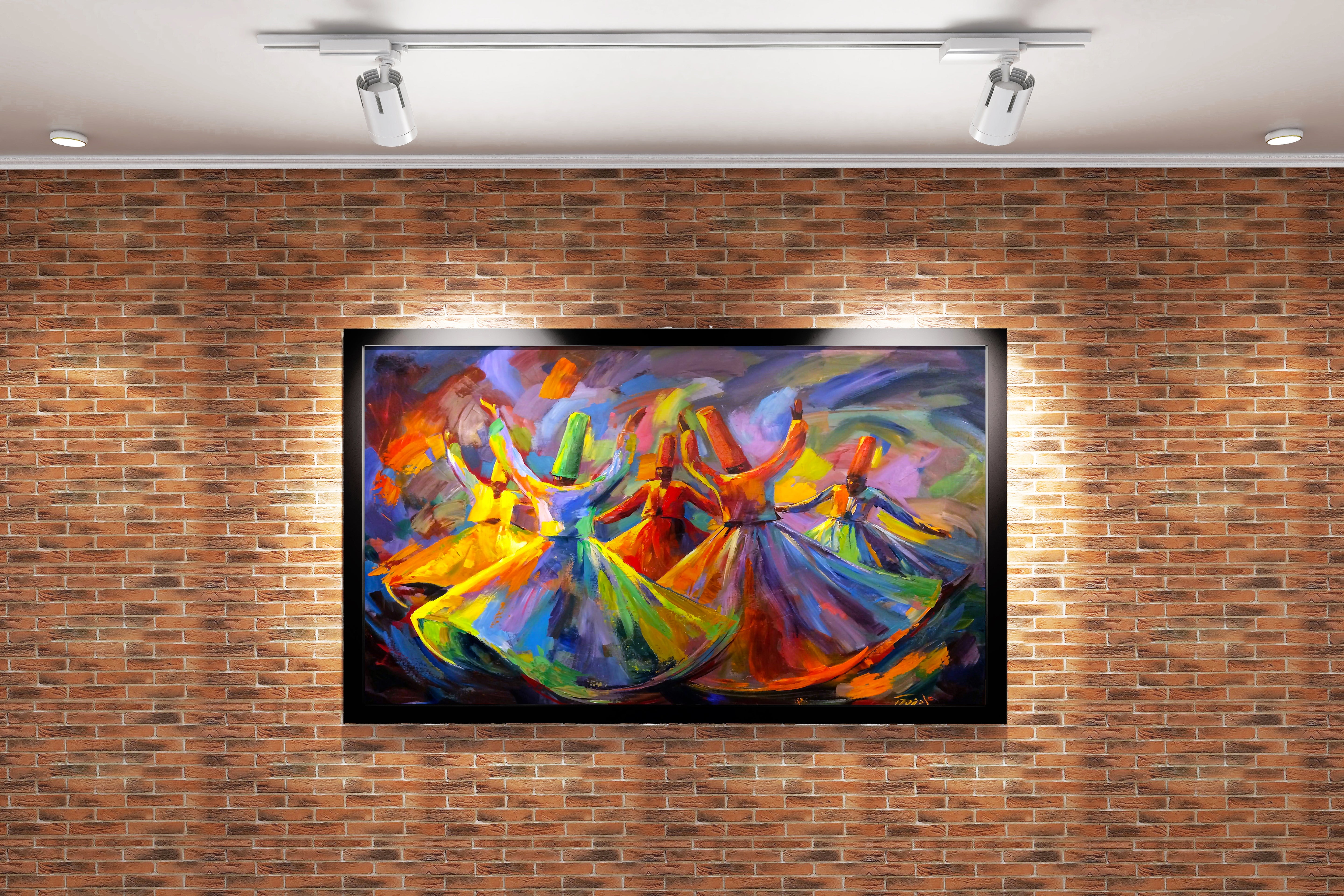 a vibrant, colorful, abstract painting of whirling dervishes spinning, art, kanvas tablo