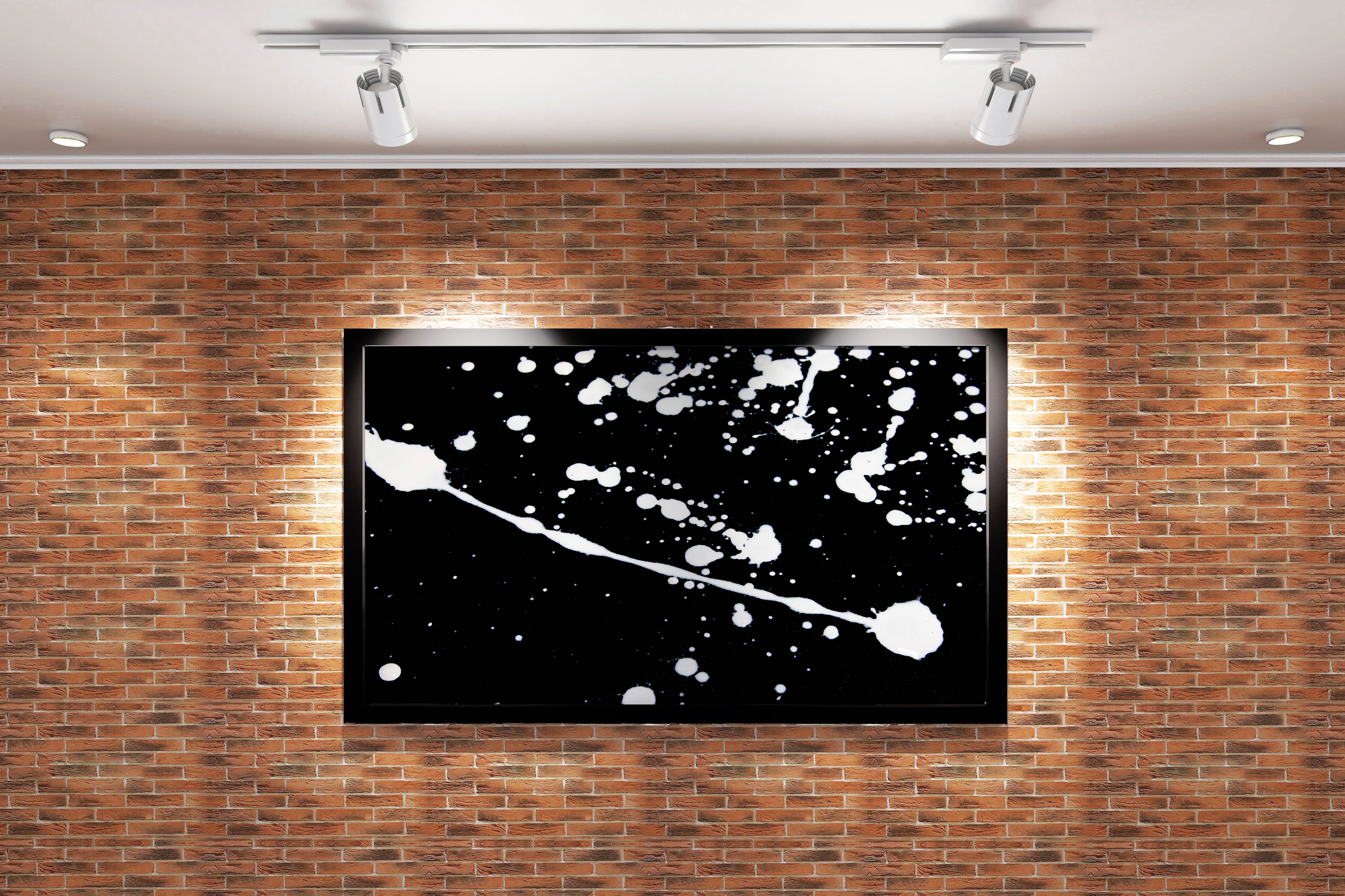 a minimalist abstract artwork with dynamic white paint splatters on a black background, abstract, art, kanvas tablo