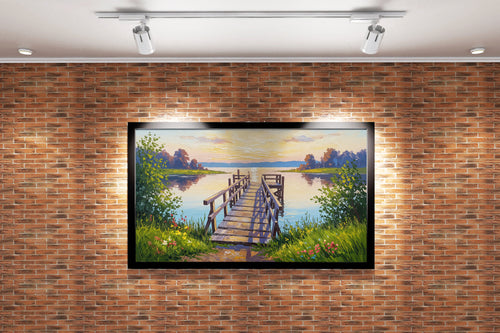 pier and nature view by the river with colorful flowers model 1, view, ai art, art, kanvas tablo