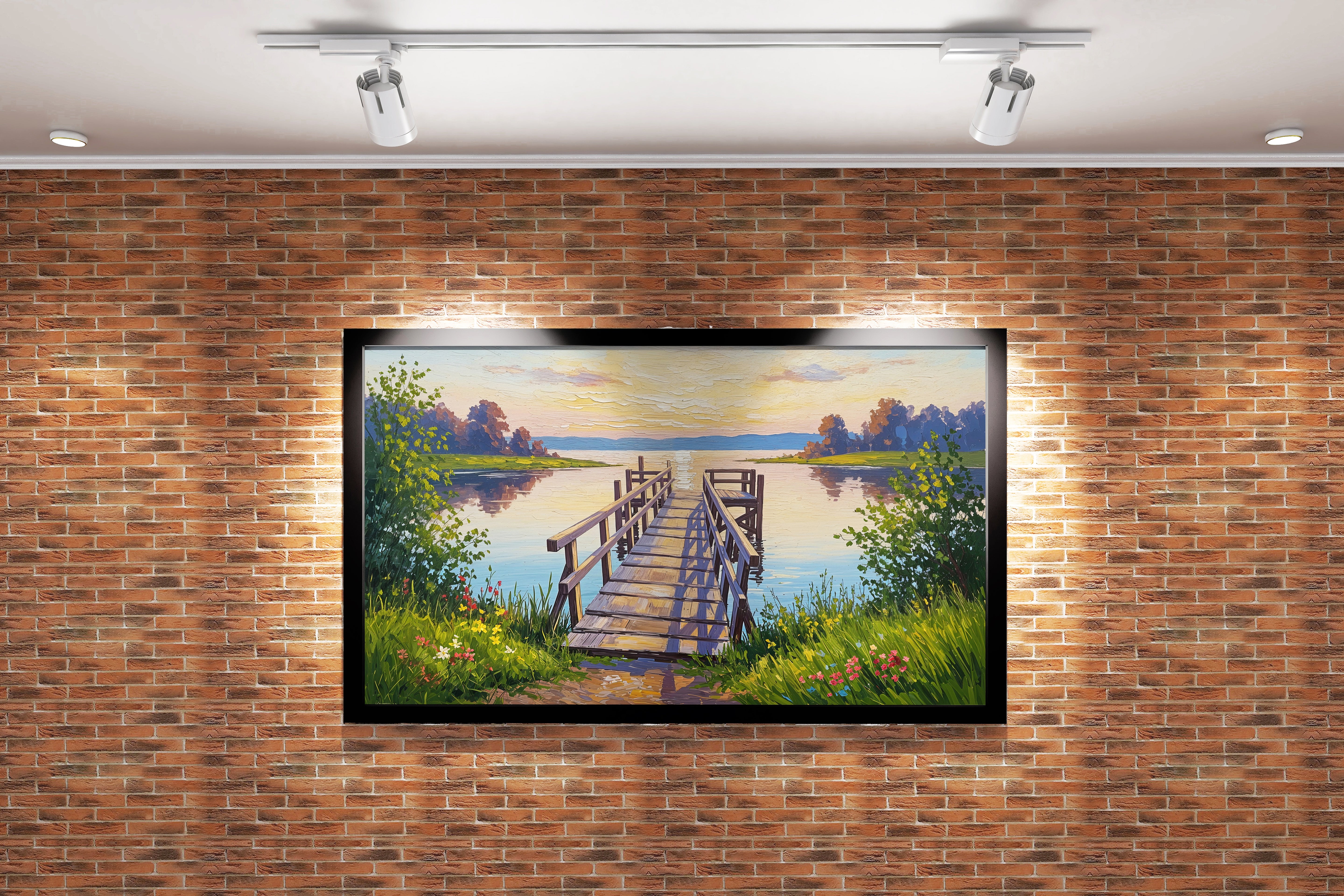 pier and nature view by the river with colorful flowers model 1, view, ai art, art, kanvas tablo