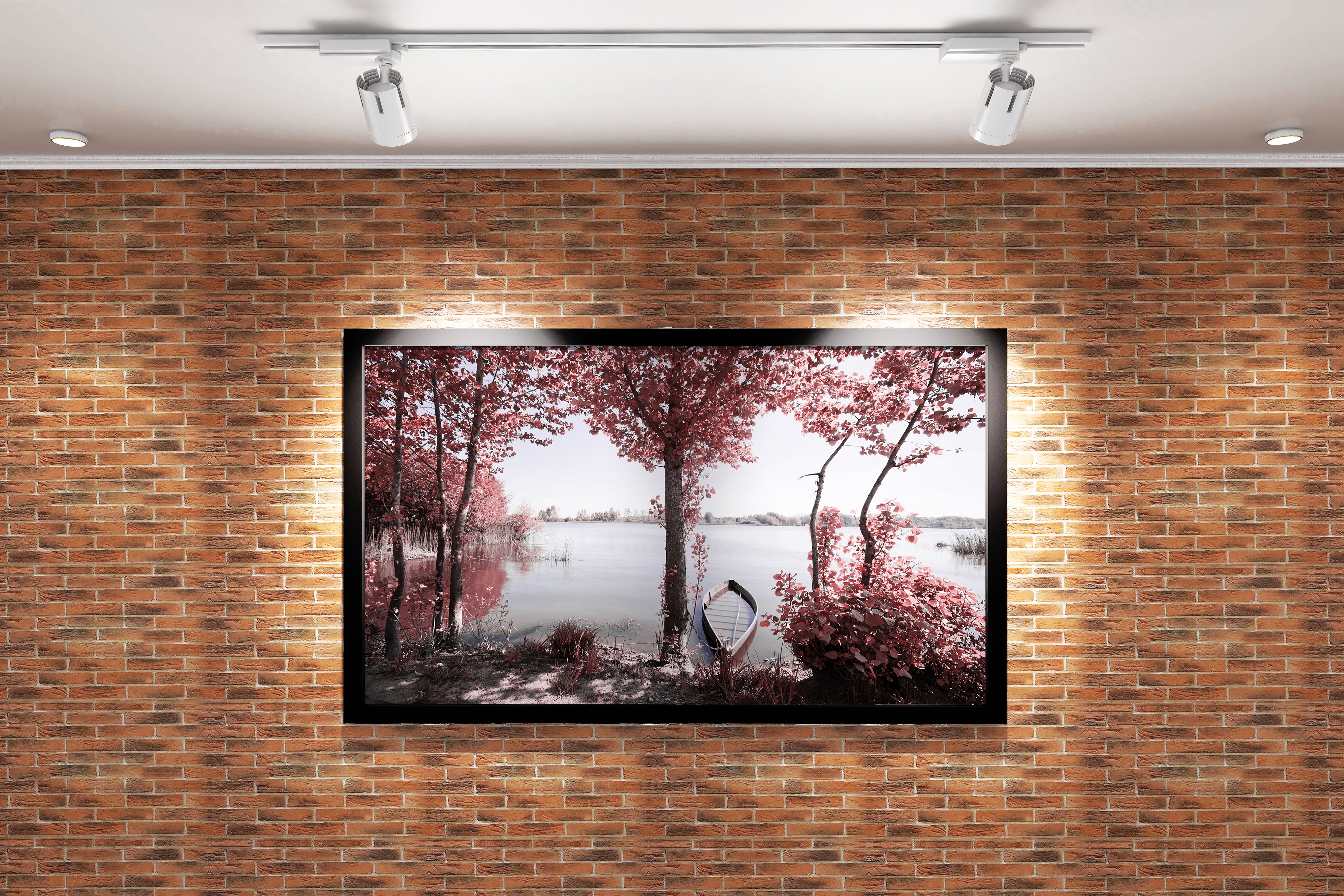 a serene and surreal lake with pink-leafed trees and a small boat, view, art, kanvas tablo