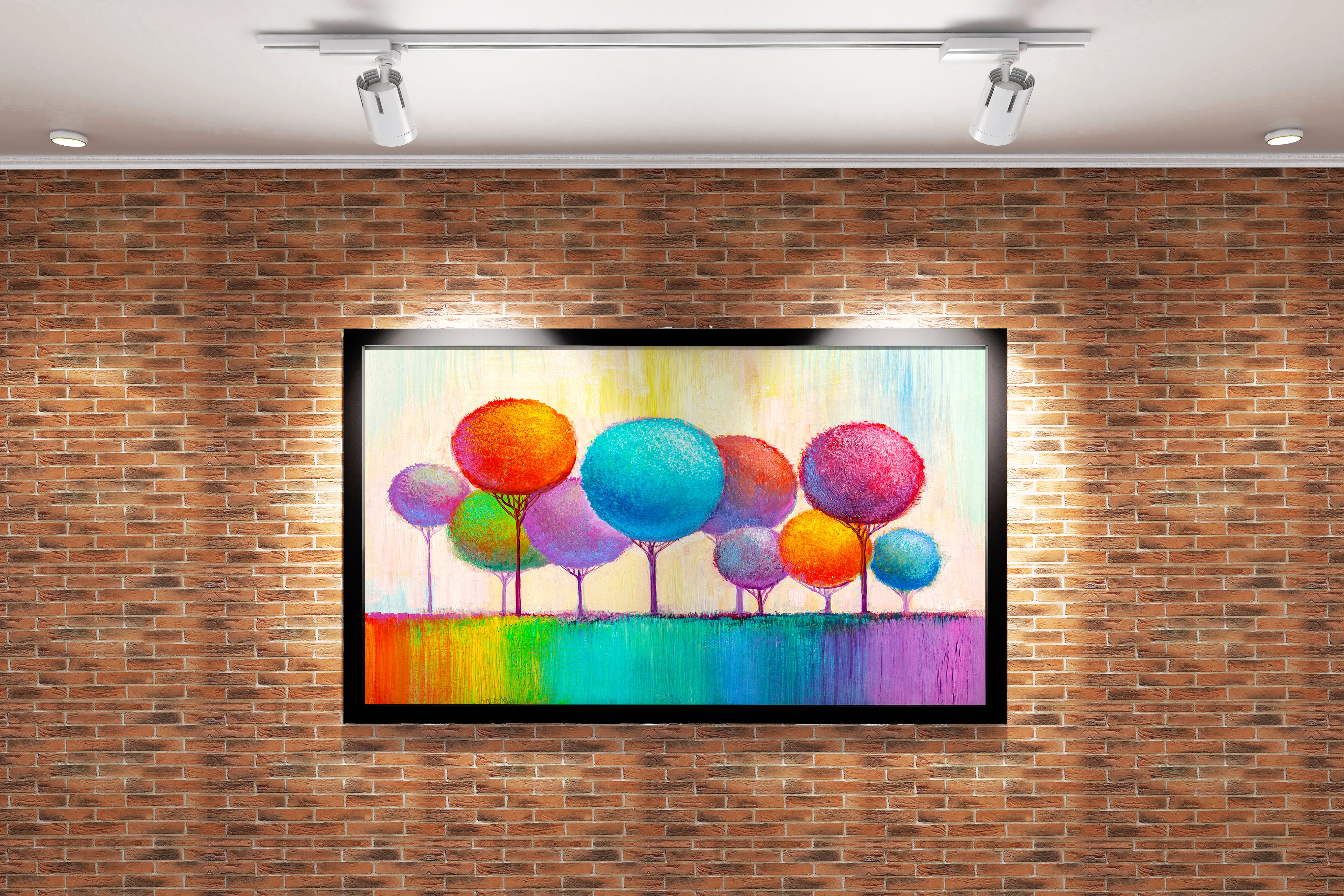 a whimsical, textured painting of colorful lollipop trees on a rainbow ground, view, art, kanvas tablo